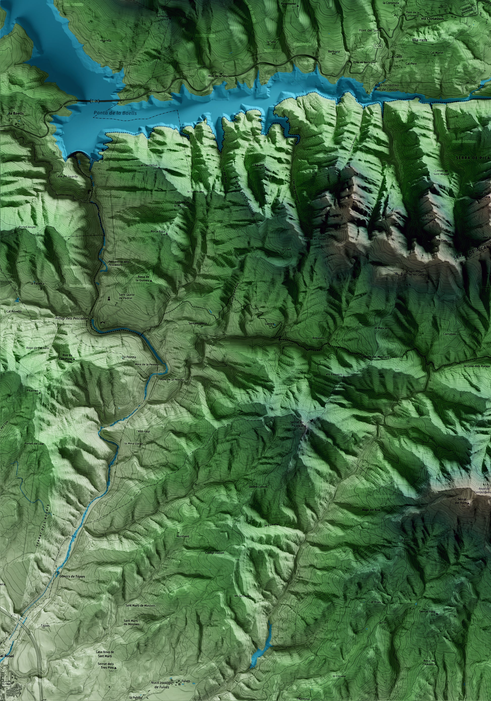 Mapa artístico del relieve de Vilada, al Berguedà, con 15 km de entorno y base topográfica ICGC. Detalle de la zona inferior izquierda.