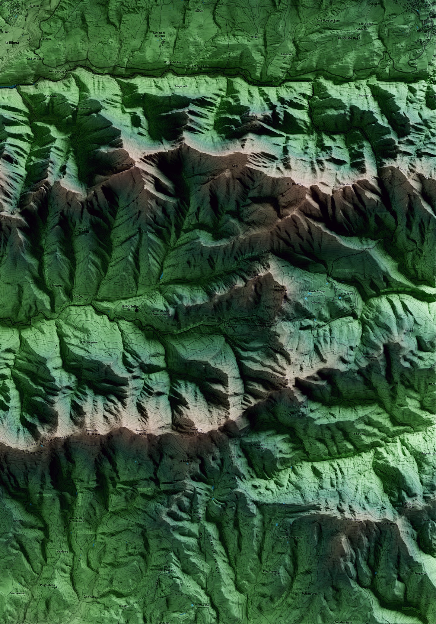 Mapa artístico del relieve de Vilada, al Berguedà, con 15 km de entorno y base topográfica ICGC. Detalle de la zona inferior derecha.