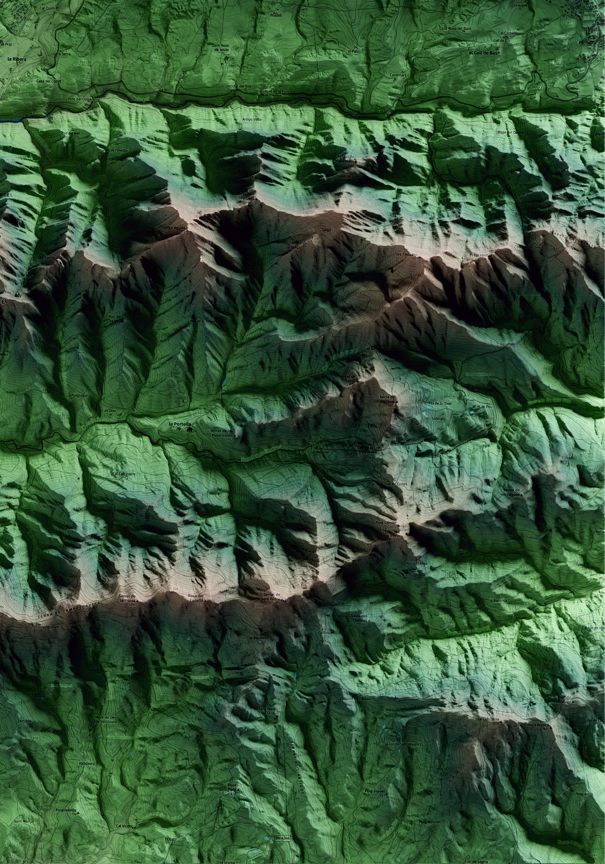 Mapa artístico del relieve de Vilada, al Berguedà, con 15 km de entorno y base topográfica ICGC. Detalle de la zona inferior derecha.