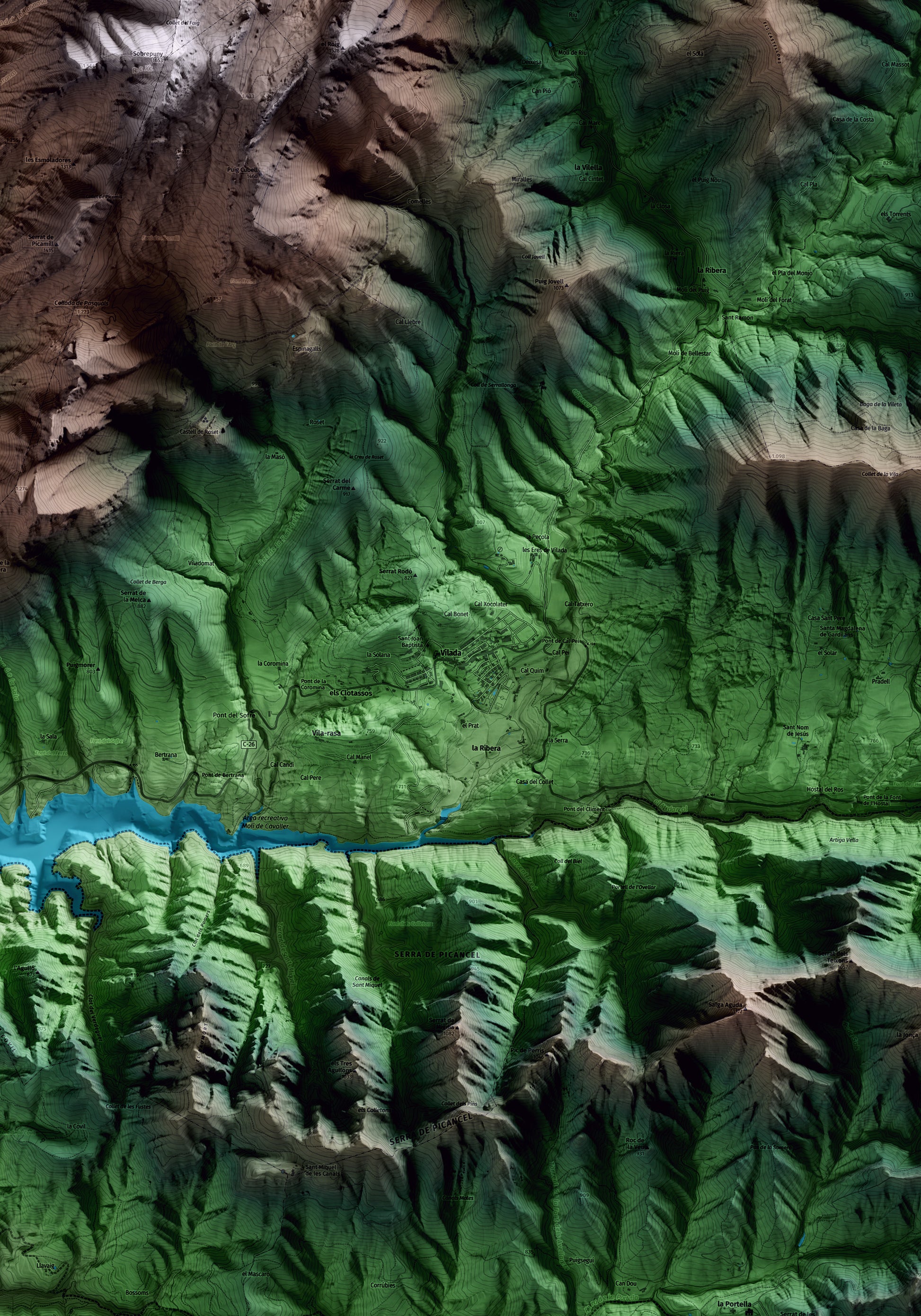 Mapa artístico del relieve de Vilada, al Berguedà, con 15 km de entorno y base topográfica ICGC. Detalle de la zona central.