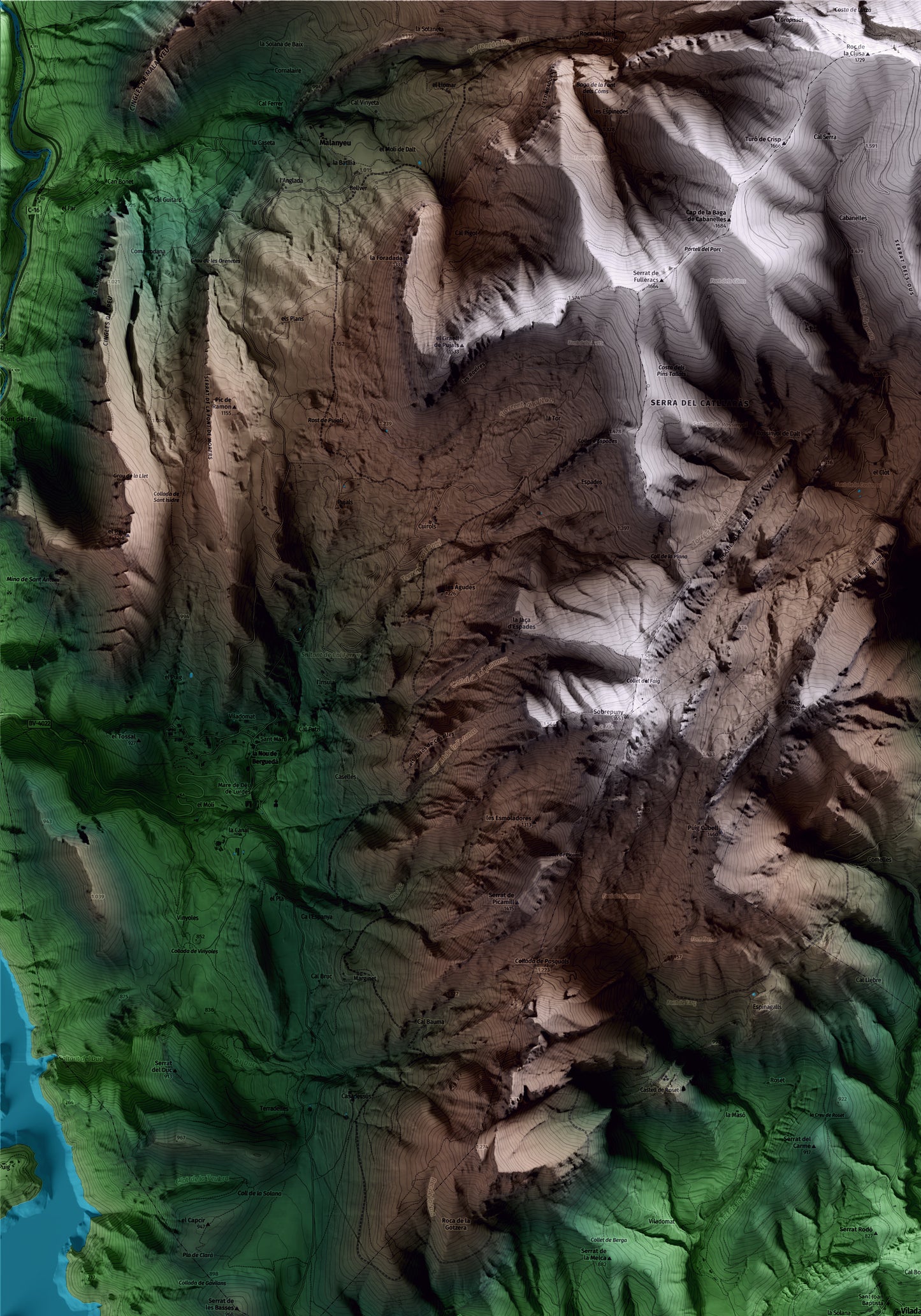 Mapa artístico del relieve de Vilada, al Berguedà, con 15 km de entorno y base topográfica ICGC. Detalle de la zona superior izquierda.