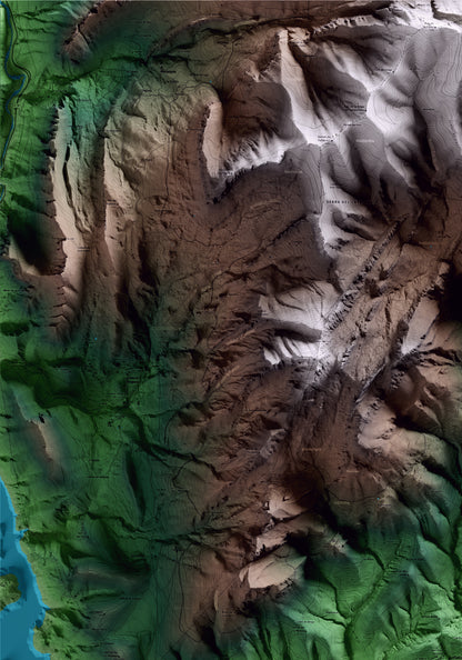 Mapa artístico del relieve de Vilada, al Berguedà, con 15 km de entorno y base topográfica ICGC. Detalle de la zona superior izquierda.