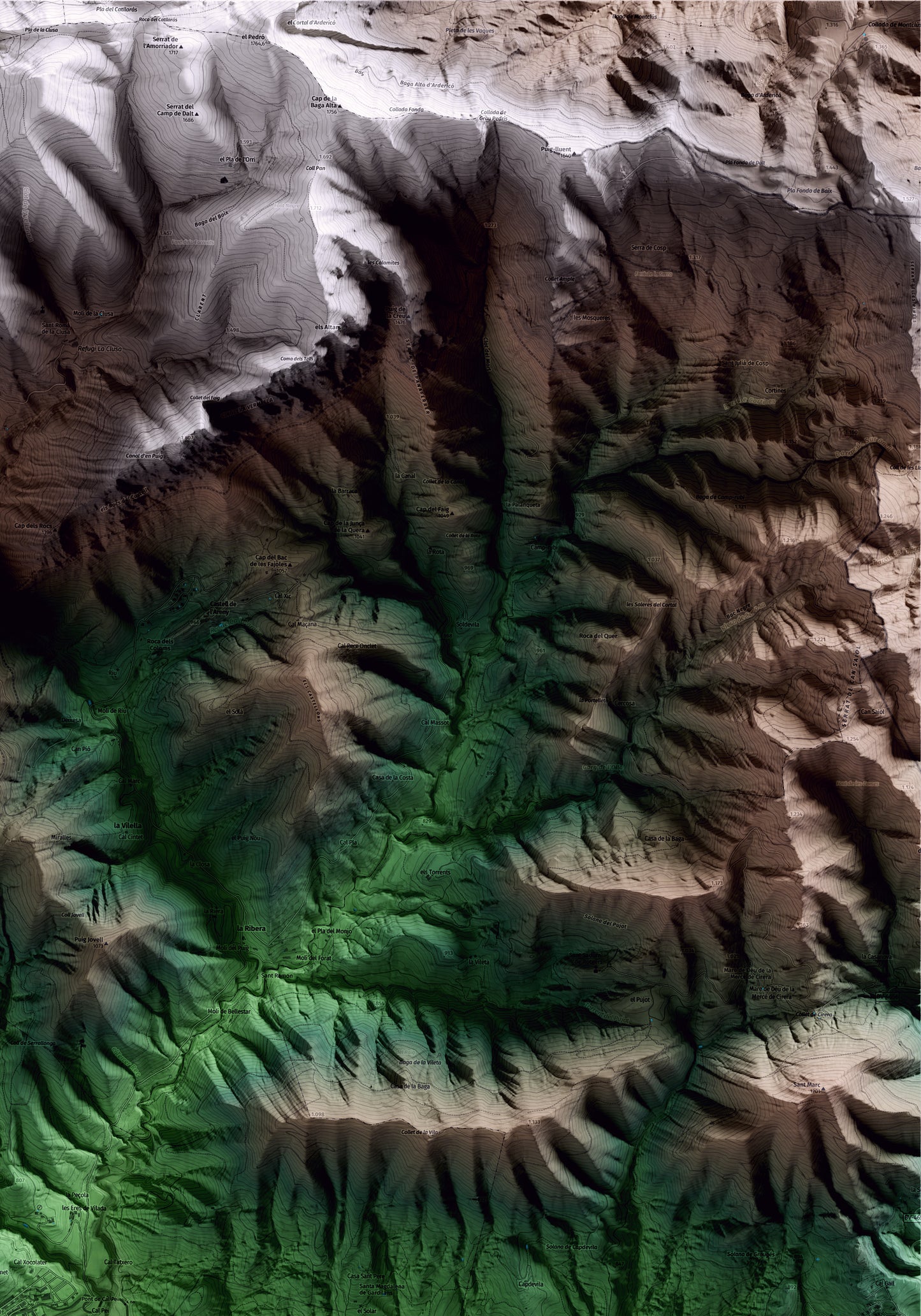 Mapa artístico del relieve de Vilada, al Berguedà, con 15 km de entorno y base topográfica ICGC. Detalle de la zona superior derecha.