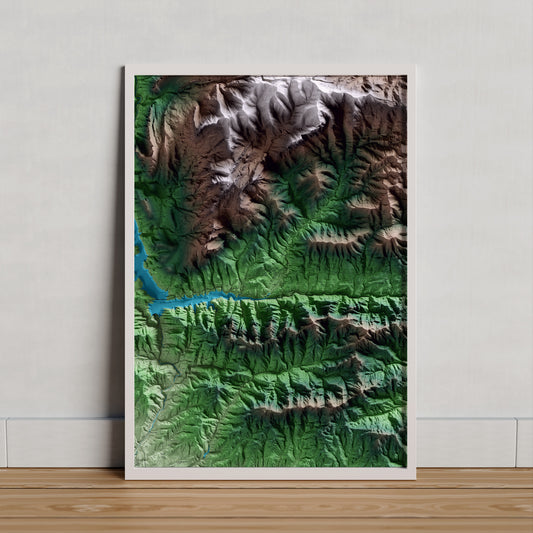 Mapa artístico del relieve de Vilada, al Berguedà, con 15 km de entorno y base topográfica ICGC. Presentación enmarcada.