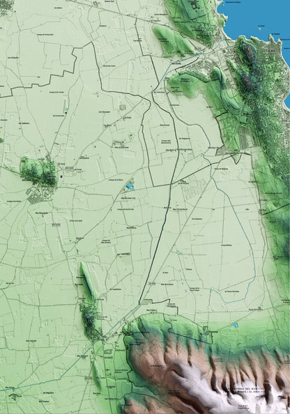 Mapa artístico del relieve de Viladamat, al Alt Empordà, con 15 km de entorno y base topográfica ICGC. Detalle de la zona inferior derecha.