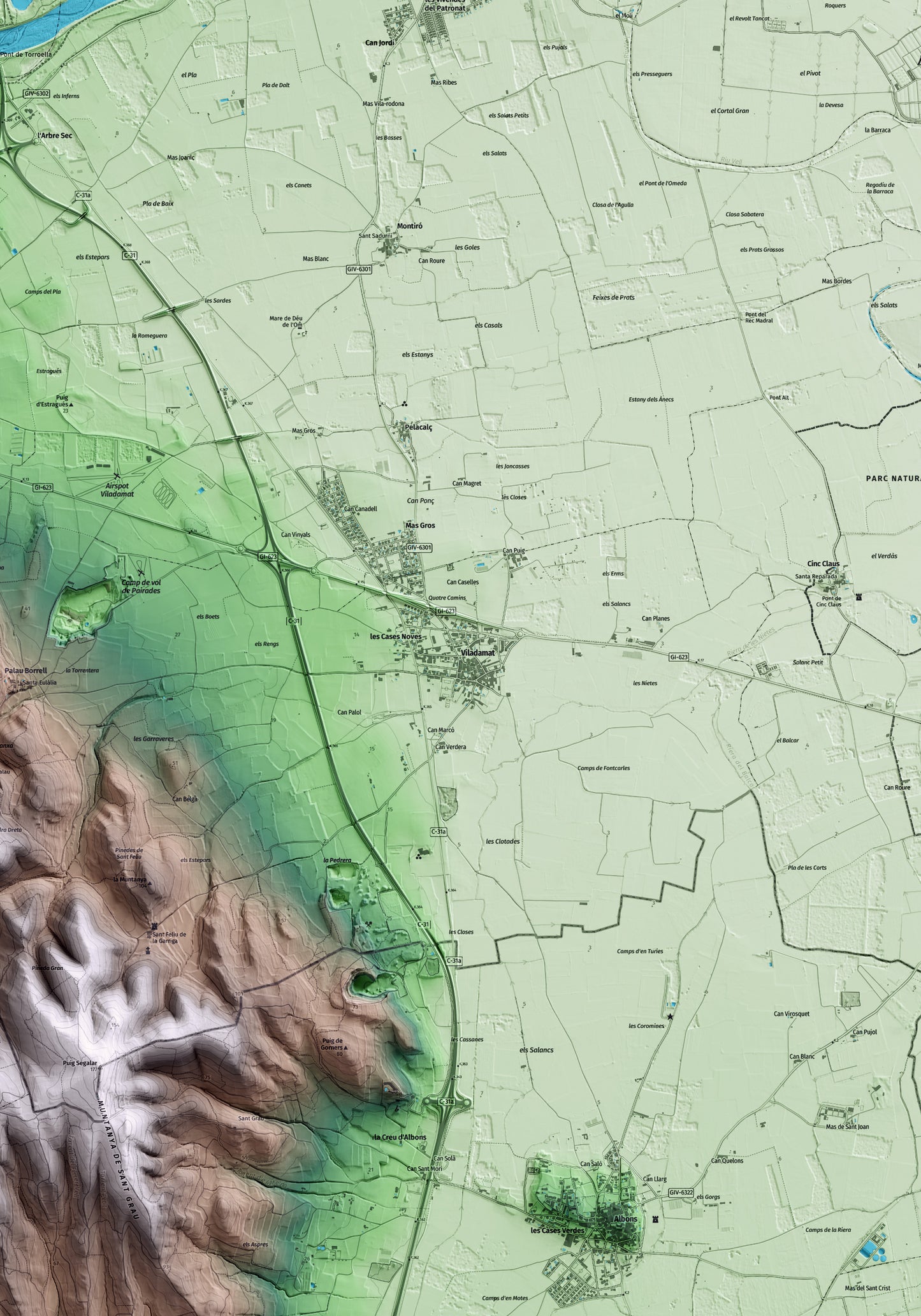 Mapa artístico del relieve de Viladamat, al Alt Empordà, con 15 km de entorno y base topográfica ICGC. Detalle de la zona central.