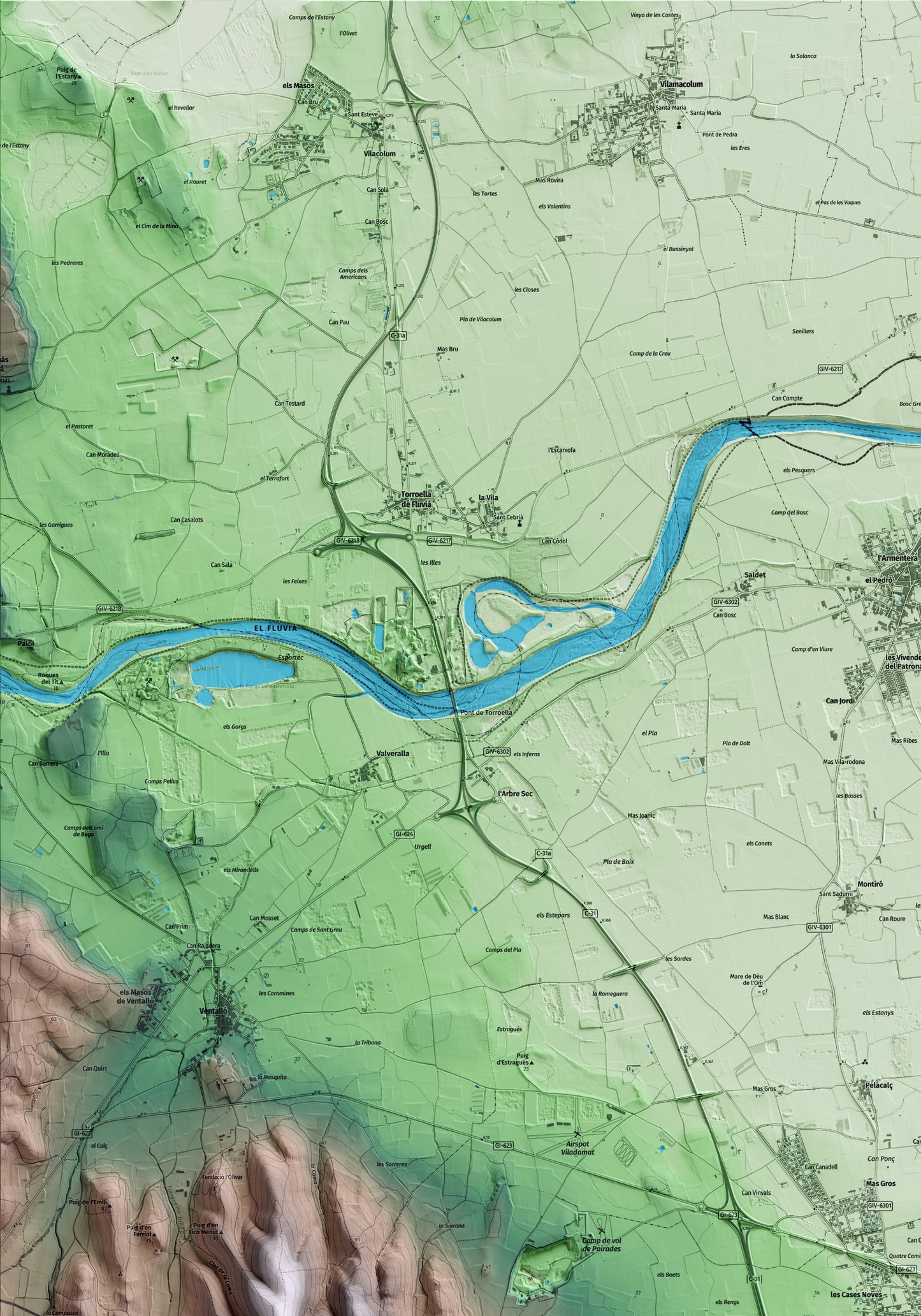 Mapa artístico del relieve de Viladamat, al Alt Empordà, con 15 km de entorno y base topográfica ICGC. Detalle de la zona superior izquierda.