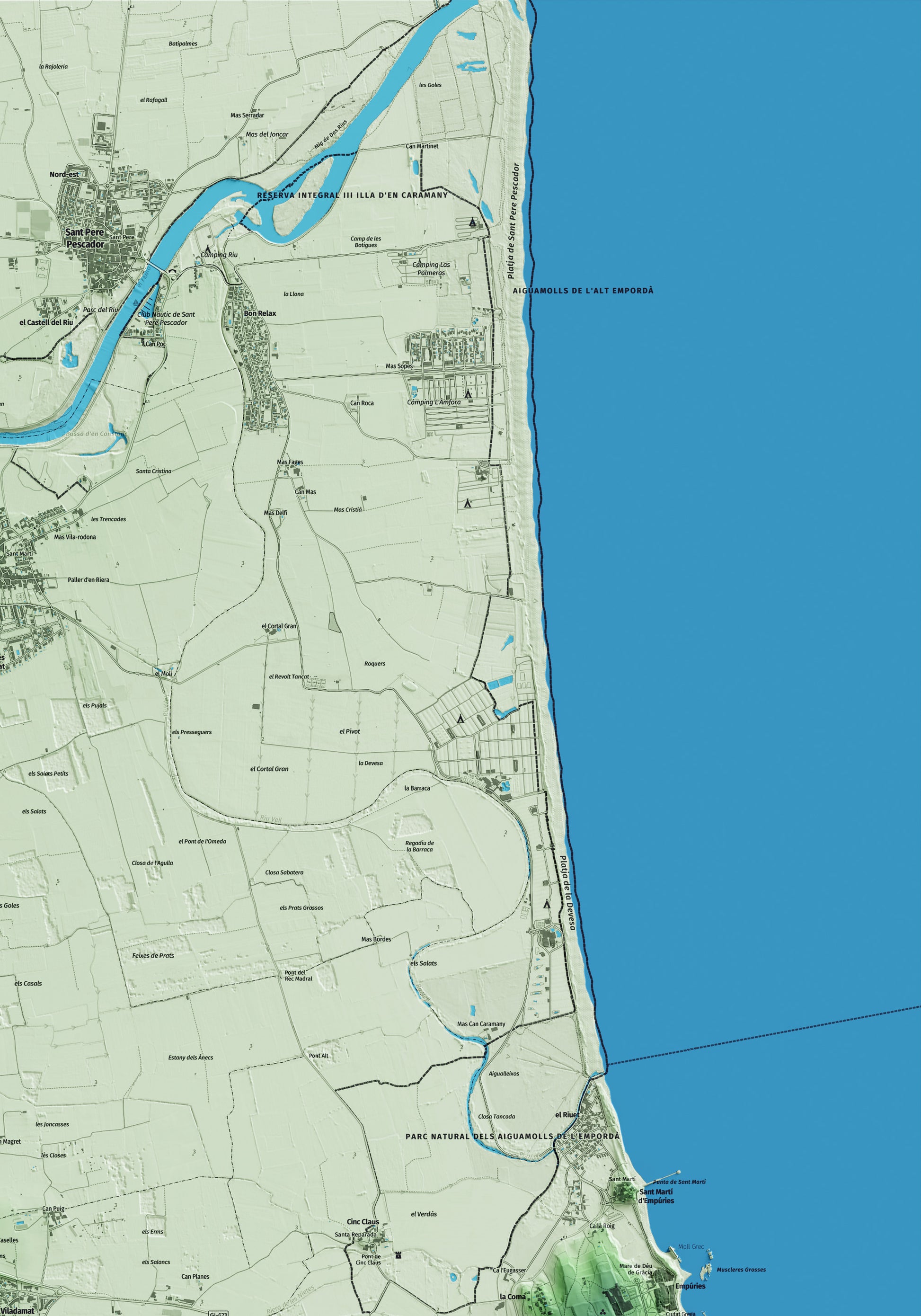Mapa artístico del relieve de Viladamat, al Alt Empordà, con 15 km de entorno y base topográfica ICGC. Detalle de la zona superior derecha.