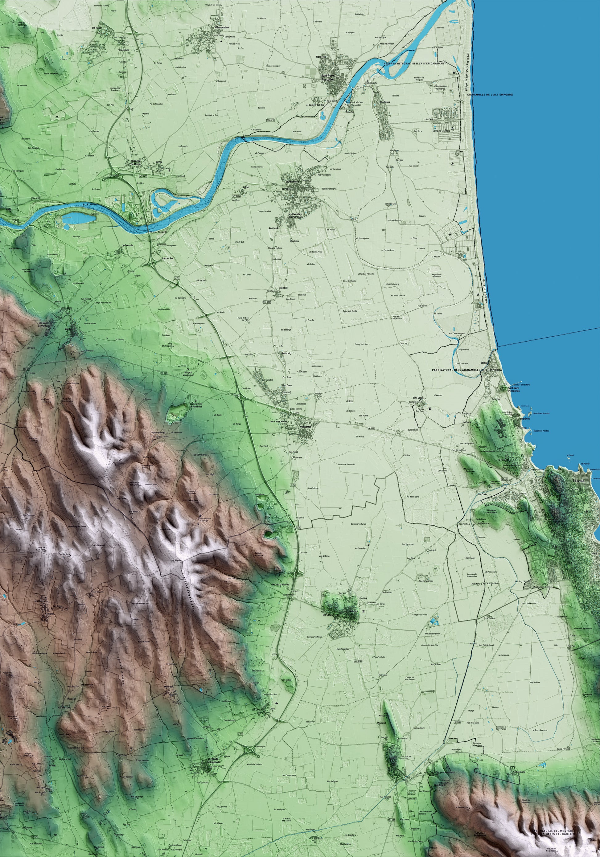 Mapa artístico del relieve de Viladamat, al Alt Empordà, con 15 km de entorno y base topográfica ICGC