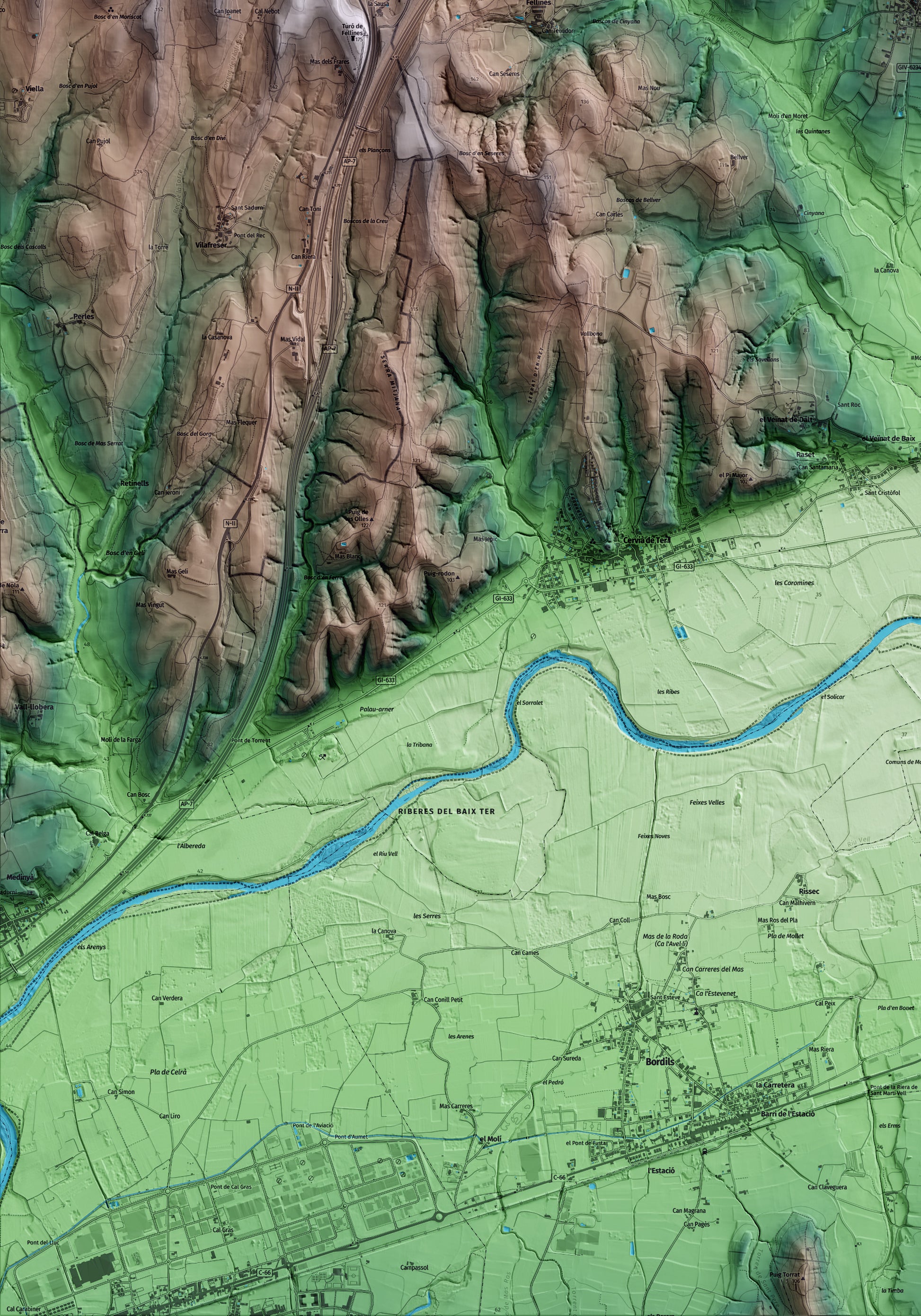 Mapa artístico del relieve de Viladasens, al Gironès, con 15 km de entorno y base topográfica ICGC. Detalle de la zona inferior izquierda.