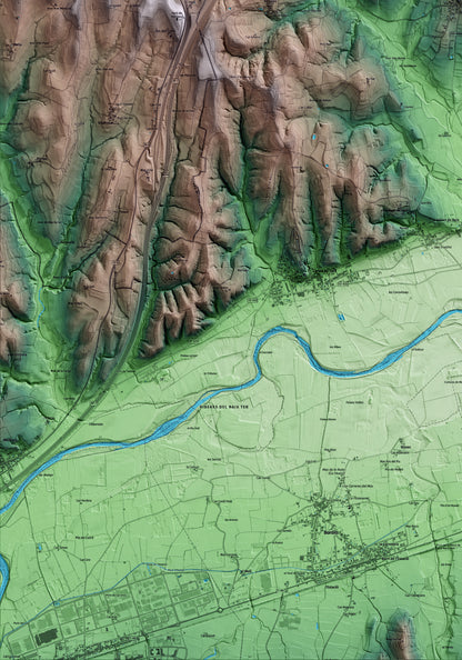 Mapa artístico del relieve de Viladasens, al Gironès, con 15 km de entorno y base topográfica ICGC. Detalle de la zona inferior izquierda.
