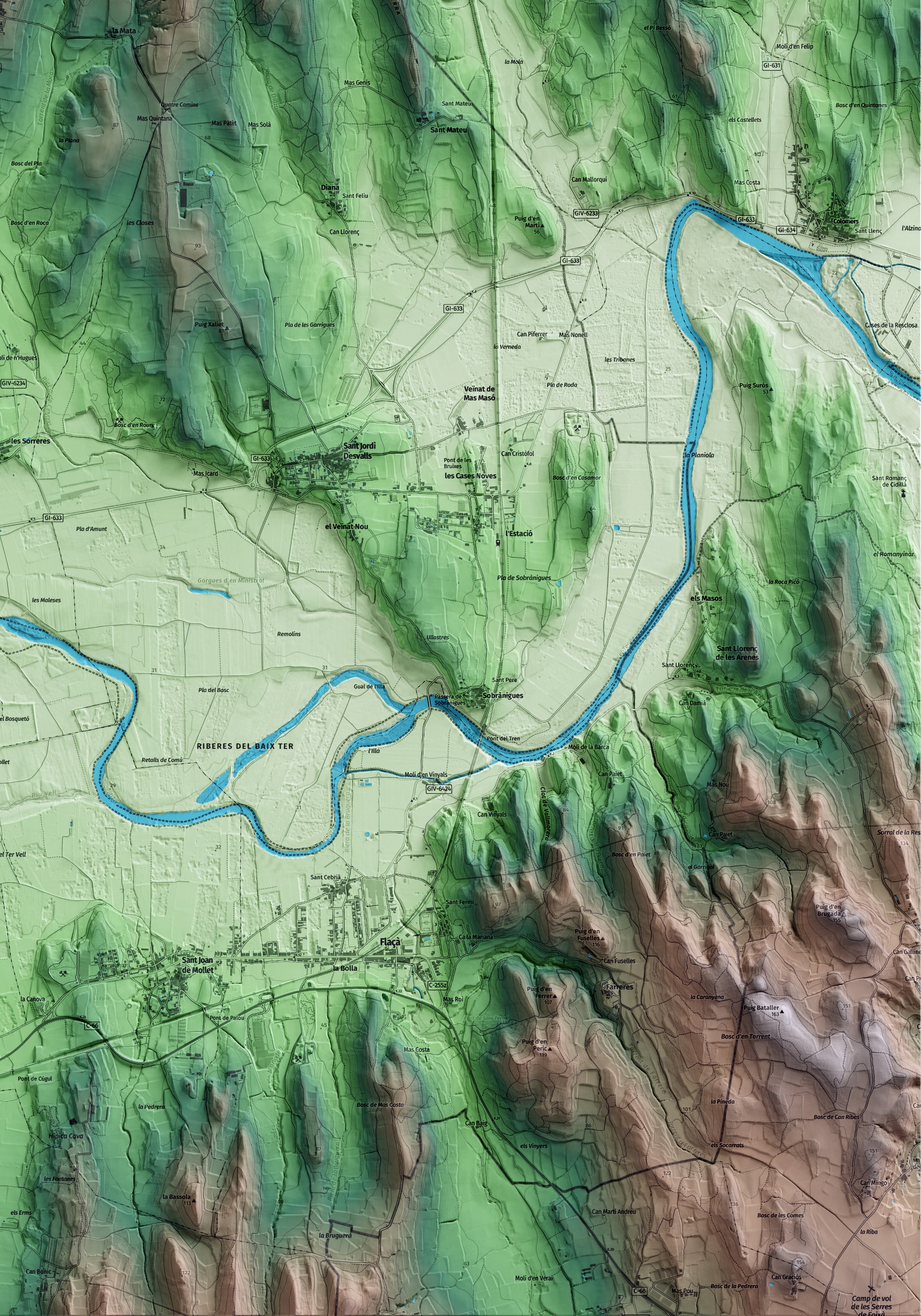 Mapa artístico del relieve de Viladasens, al Gironès, con 15 km de entorno y base topográfica ICGC. Detalle de la zona inferior derecha.