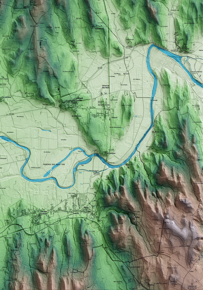 Mapa artístico del relieve de Viladasens, al Gironès, con 15 km de entorno y base topográfica ICGC. Detalle de la zona inferior derecha.