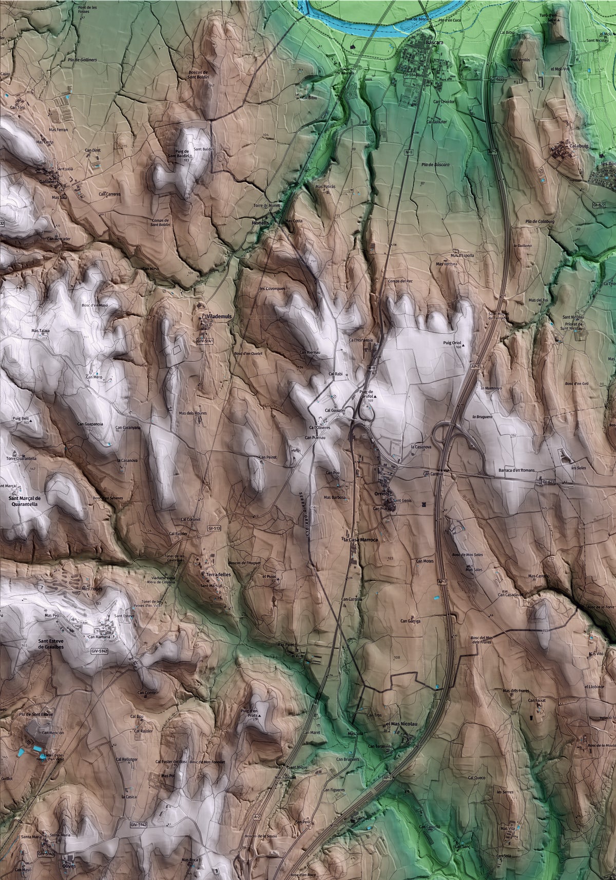 Mapa artístico del relieve de Viladasens, al Gironès, con 15 km de entorno y base topográfica ICGC. Detalle de la zona superior izquierda.