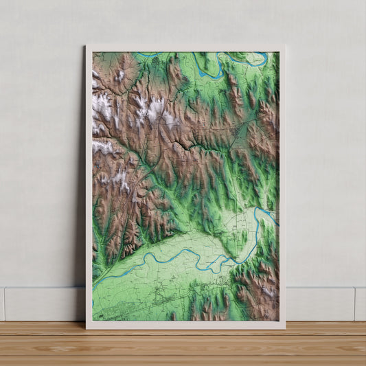 Mapa artístico del relieve de Viladasens, al Gironès, con 15 km de entorno y base topográfica ICGC. Presentación enmarcada.