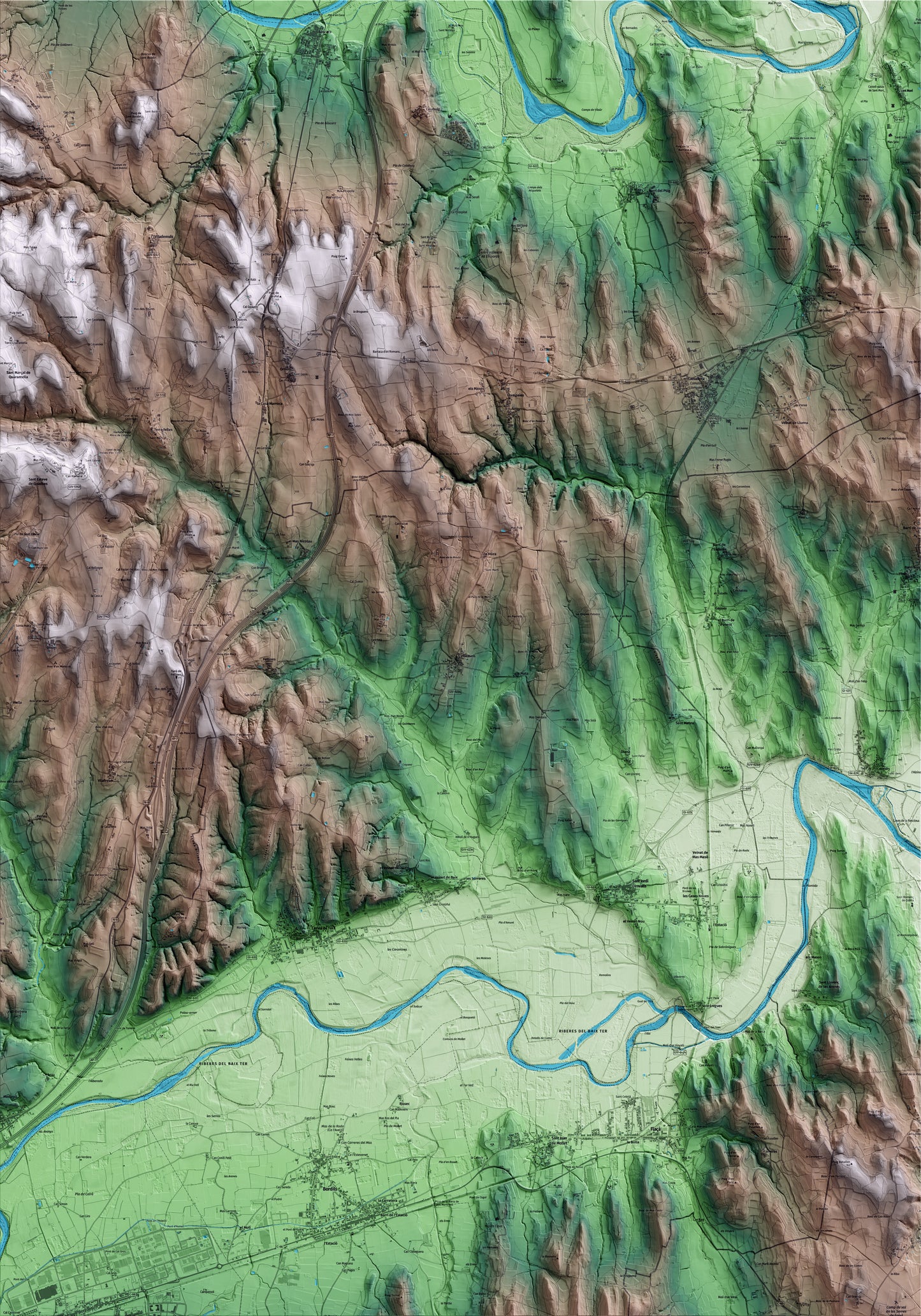 Mapa artístico del relieve de Viladasens, al Gironès, con 15 km de entorno y base topográfica ICGC