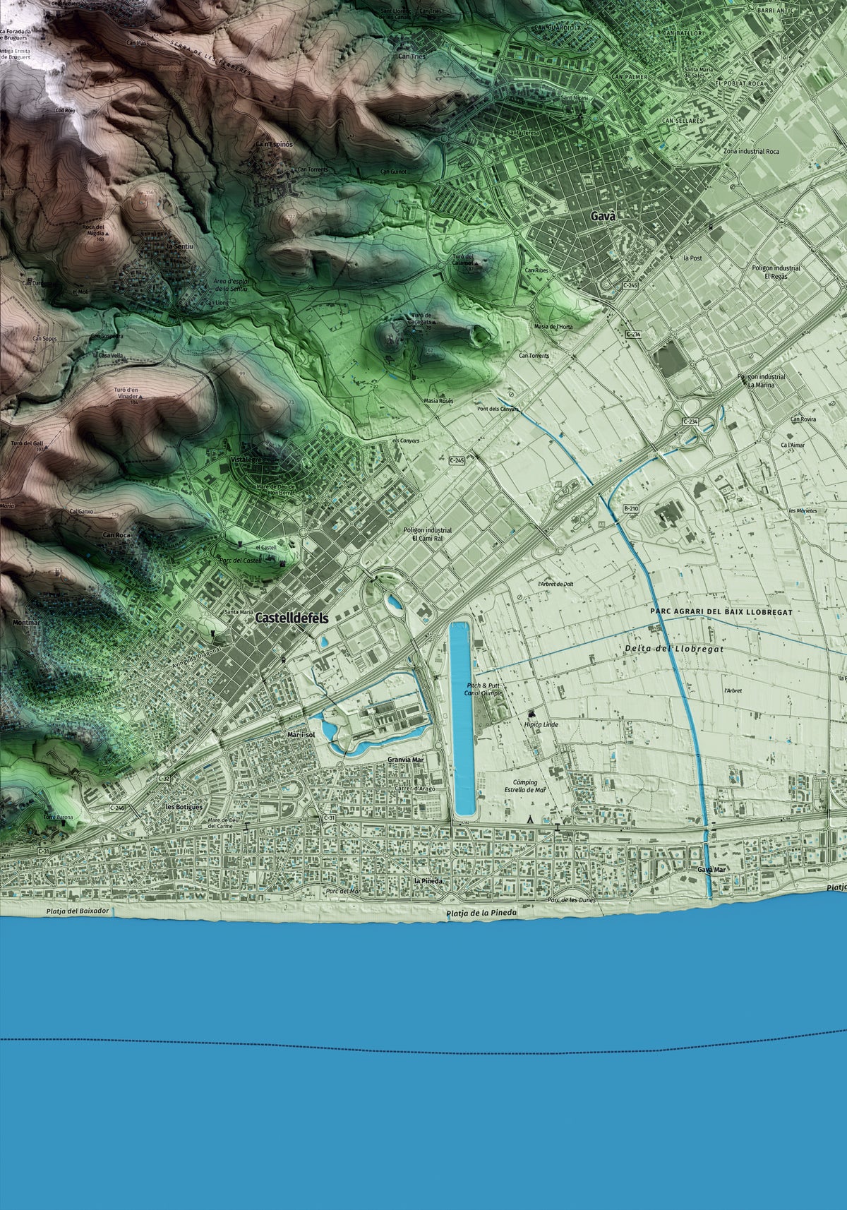 Mapa artístico del relieve de Viladecans, al Baix Llobregat, con 15 km de entorno y base topográfica ICGC. Detalle de la zona inferior izquierda.