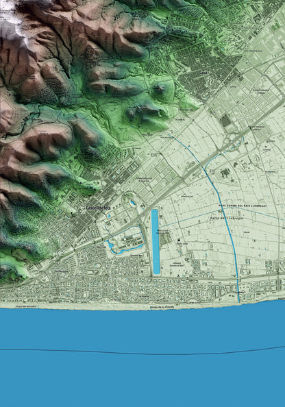 Mapa artístico del relieve de Viladecans, al Baix Llobregat, con 15 km de entorno y base topográfica ICGC. Detalle de la zona inferior izquierda.