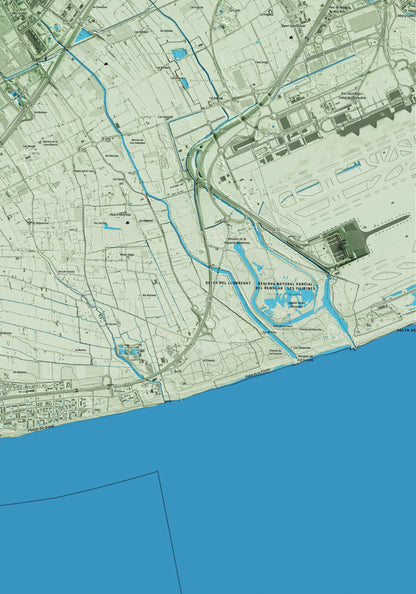 Mapa artístico del relieve de Viladecans, al Baix Llobregat, con 15 km de entorno y base topográfica ICGC. Detalle de la zona inferior derecha.