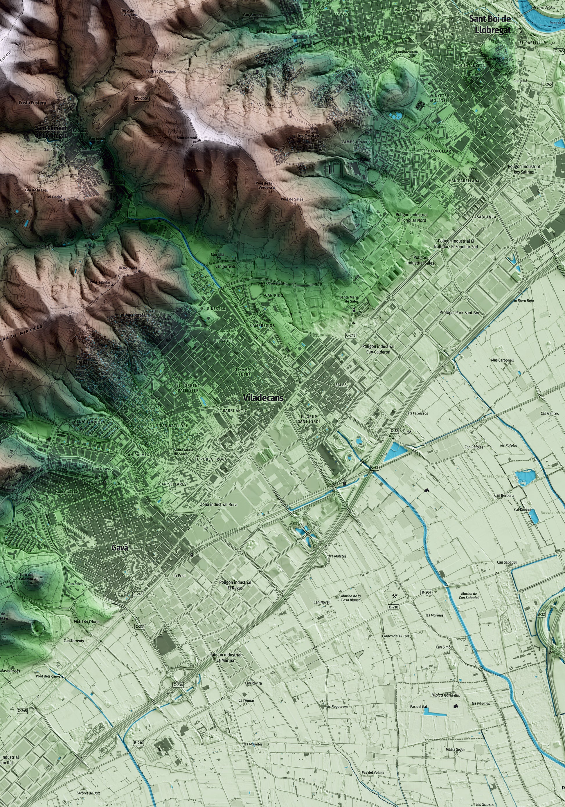 Mapa artístico del relieve de Viladecans, al Baix Llobregat, con 15 km de entorno y base topográfica ICGC. Detalle de la zona central.