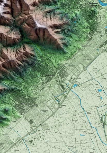 Mapa artístico del relieve de Viladecans, al Baix Llobregat, con 15 km de entorno y base topográfica ICGC. Detalle de la zona central.