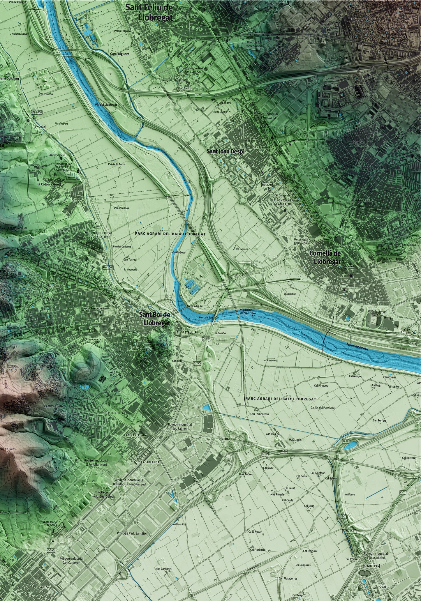 Mapa artístico del relieve de Viladecans, al Baix Llobregat, con 15 km de entorno y base topográfica ICGC. Detalle de la zona superior derecha.