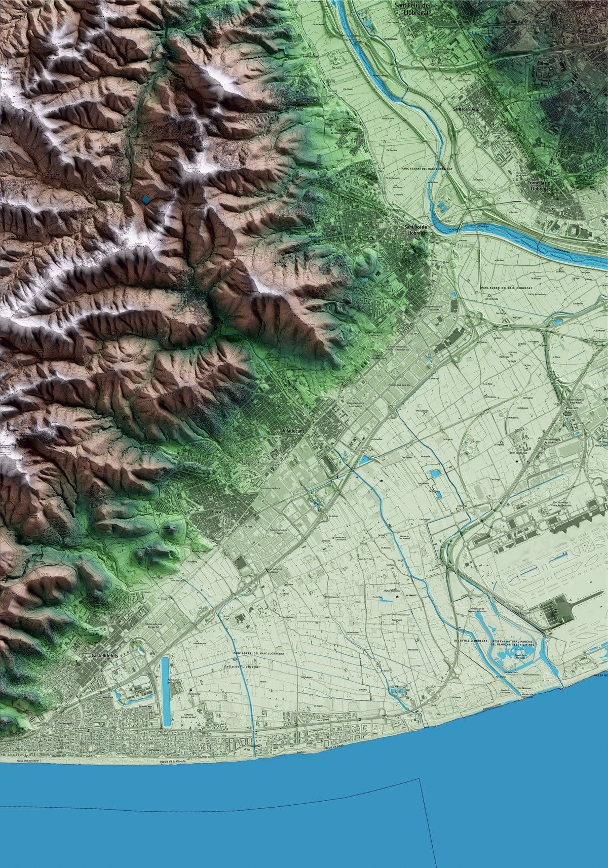 Mapa artístico del relieve de Viladecans, al Baix Llobregat, con 15 km de entorno y base topográfica ICGC