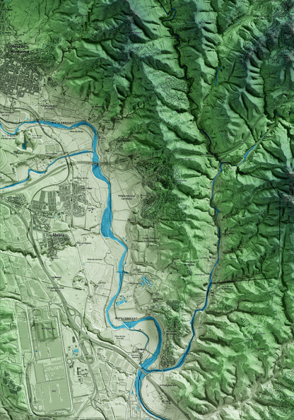 Mapa artístico del relieve de Viladecavalls, al Vallès Occidental, con 15 km de entorno y base topográfica ICGC. Detalle de la zona inferior izquierda.