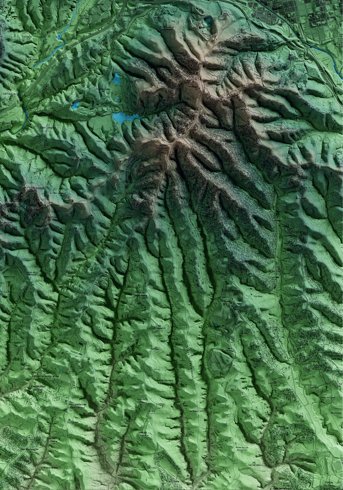 Mapa artístico del relieve de Viladecavalls, al Vallès Occidental, con 15 km de entorno y base topográfica ICGC. Detalle de la zona inferior derecha.
