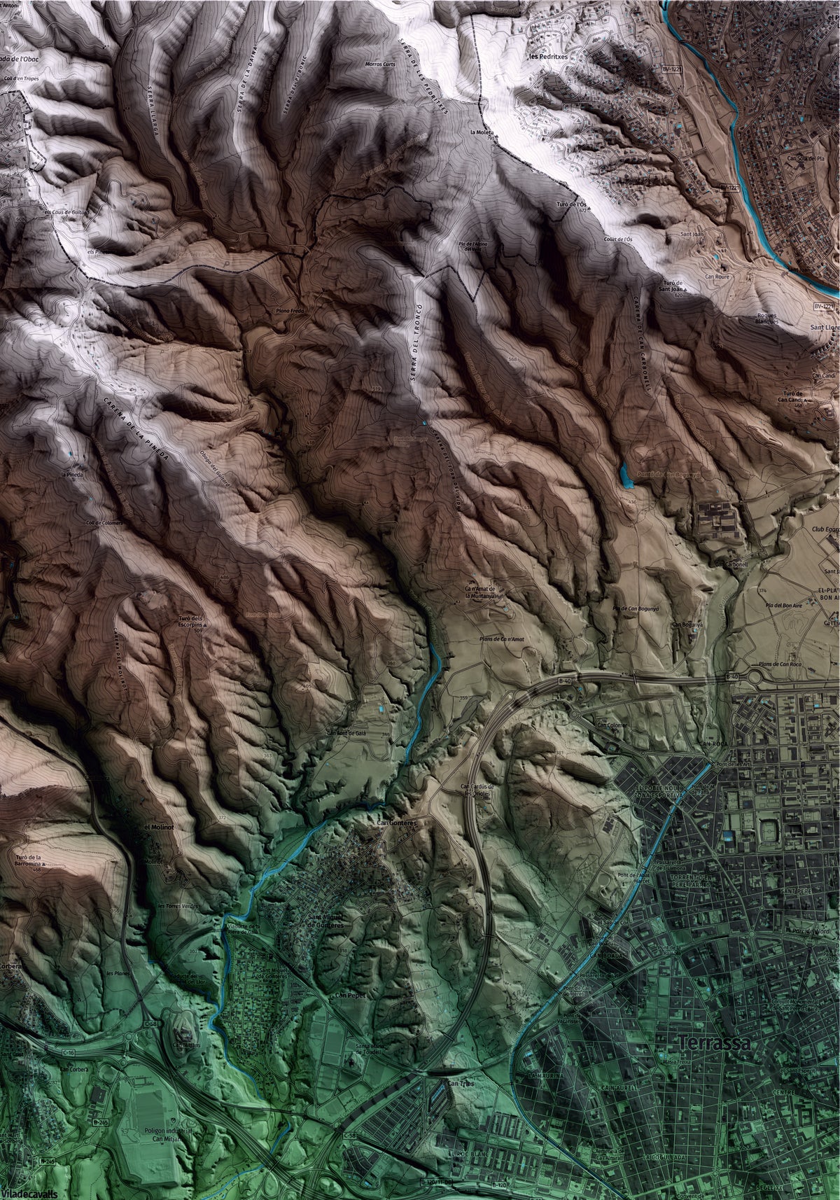 Mapa artístico del relieve de Viladecavalls, al Vallès Occidental, con 15 km de entorno y base topográfica ICGC. Detalle de la zona superior derecha.