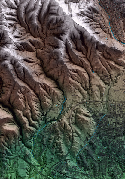 Mapa artístico del relieve de Viladecavalls, al Vallès Occidental, con 15 km de entorno y base topográfica ICGC. Detalle de la zona superior derecha.
