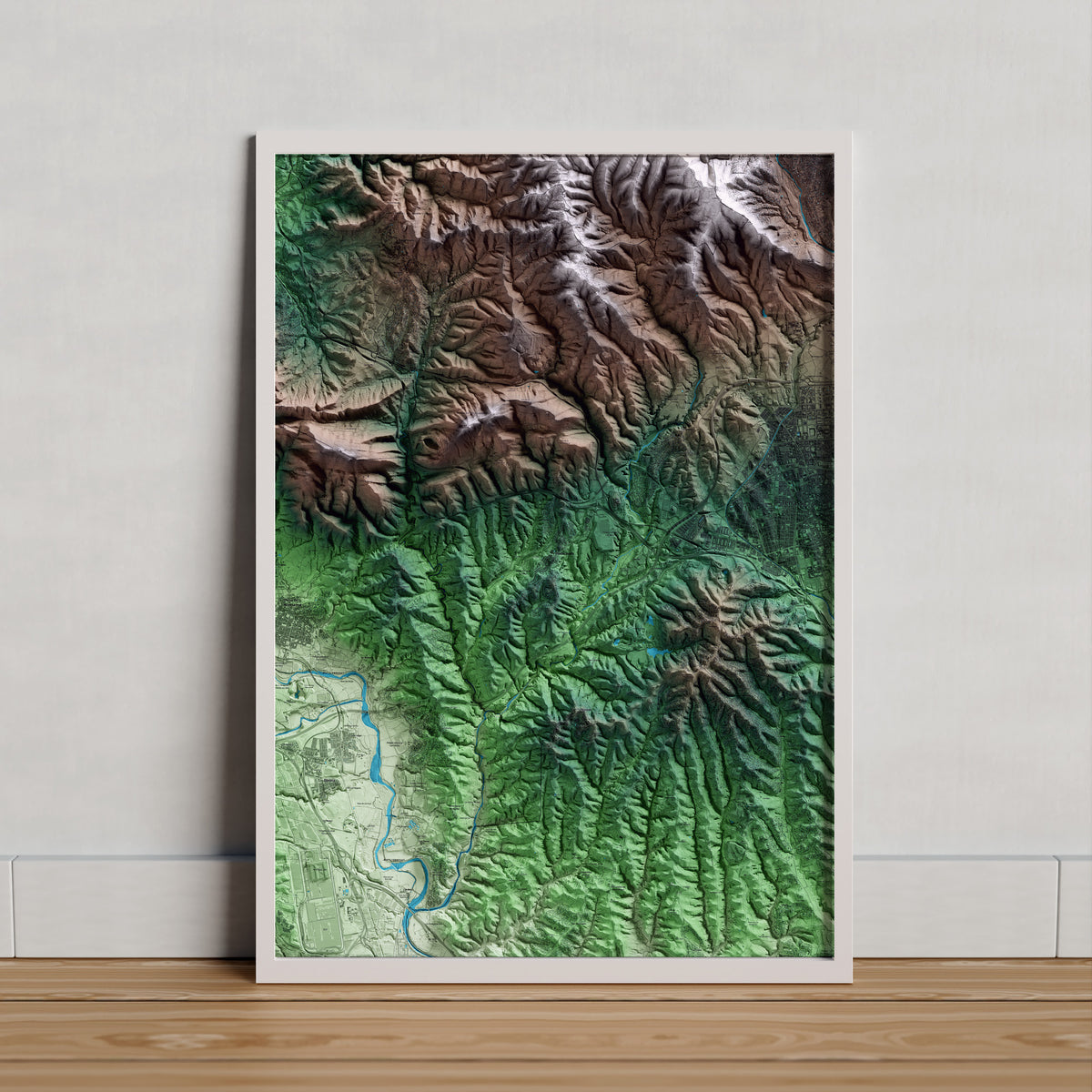 Mapa artístico del relieve de Viladecavalls, al Vallès Occidental, con 15 km de entorno y base topográfica ICGC. Presentación enmarcada.