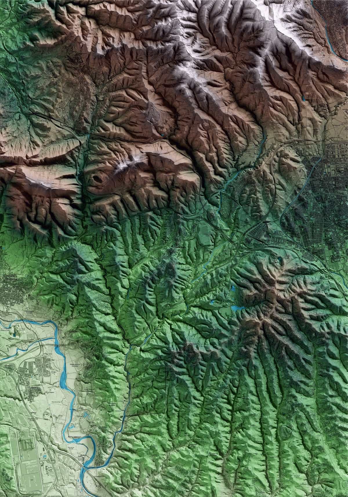Mapa artístico del relieve de Viladecavalls, al Vallès Occidental, con 15 km de entorno y base topográfica ICGC