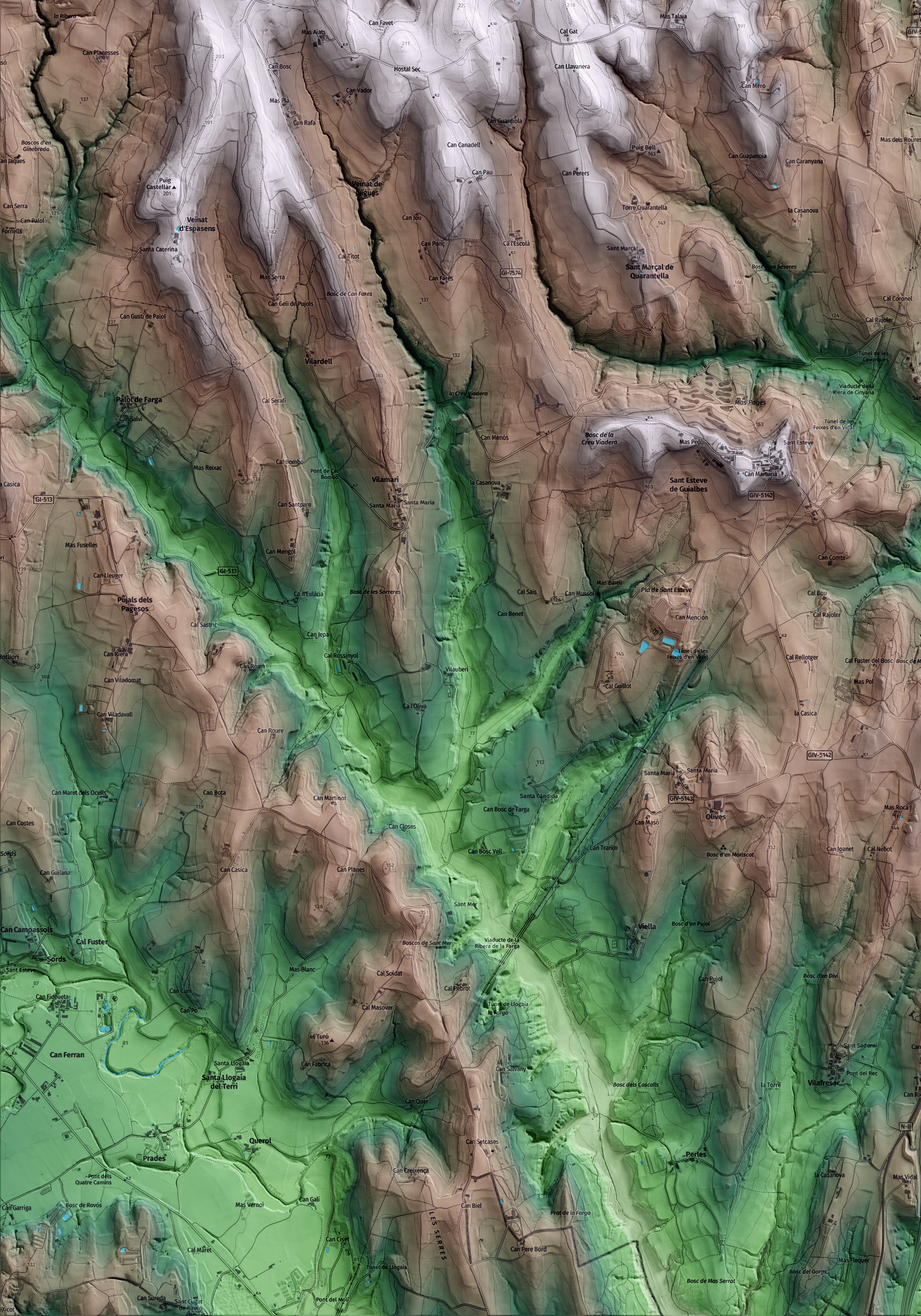 Mapa artístico del relieve de Vilademuls, en el Pla de l'Estany, con 15 km de entorno y base topográfica ICGC. Detalle de la zona inferior izquierda.