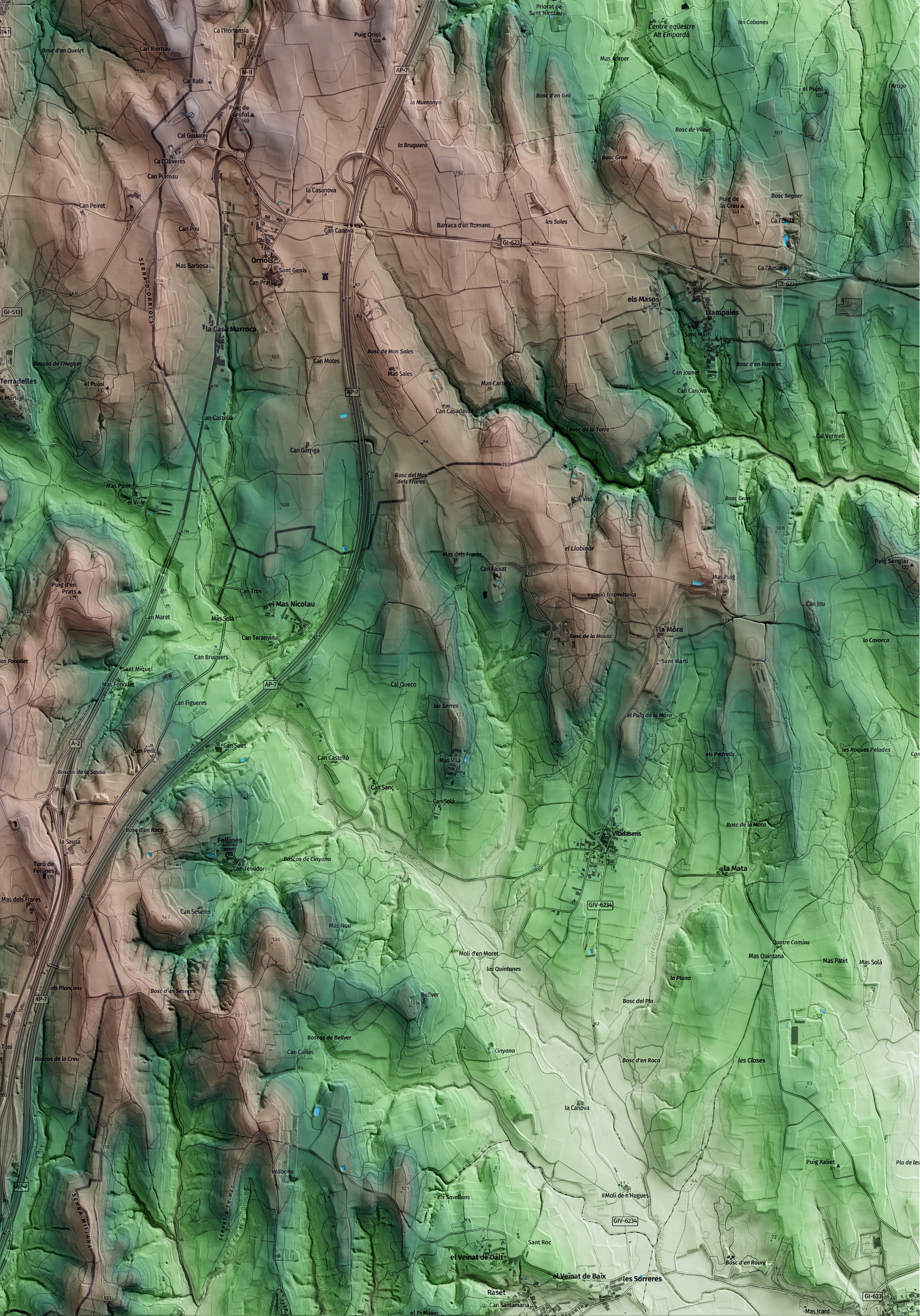 Mapa artístico del relieve de Vilademuls, en el Pla de l'Estany, con 15 km de entorno y base topográfica ICGC. Detalle de la zona inferior derecha.