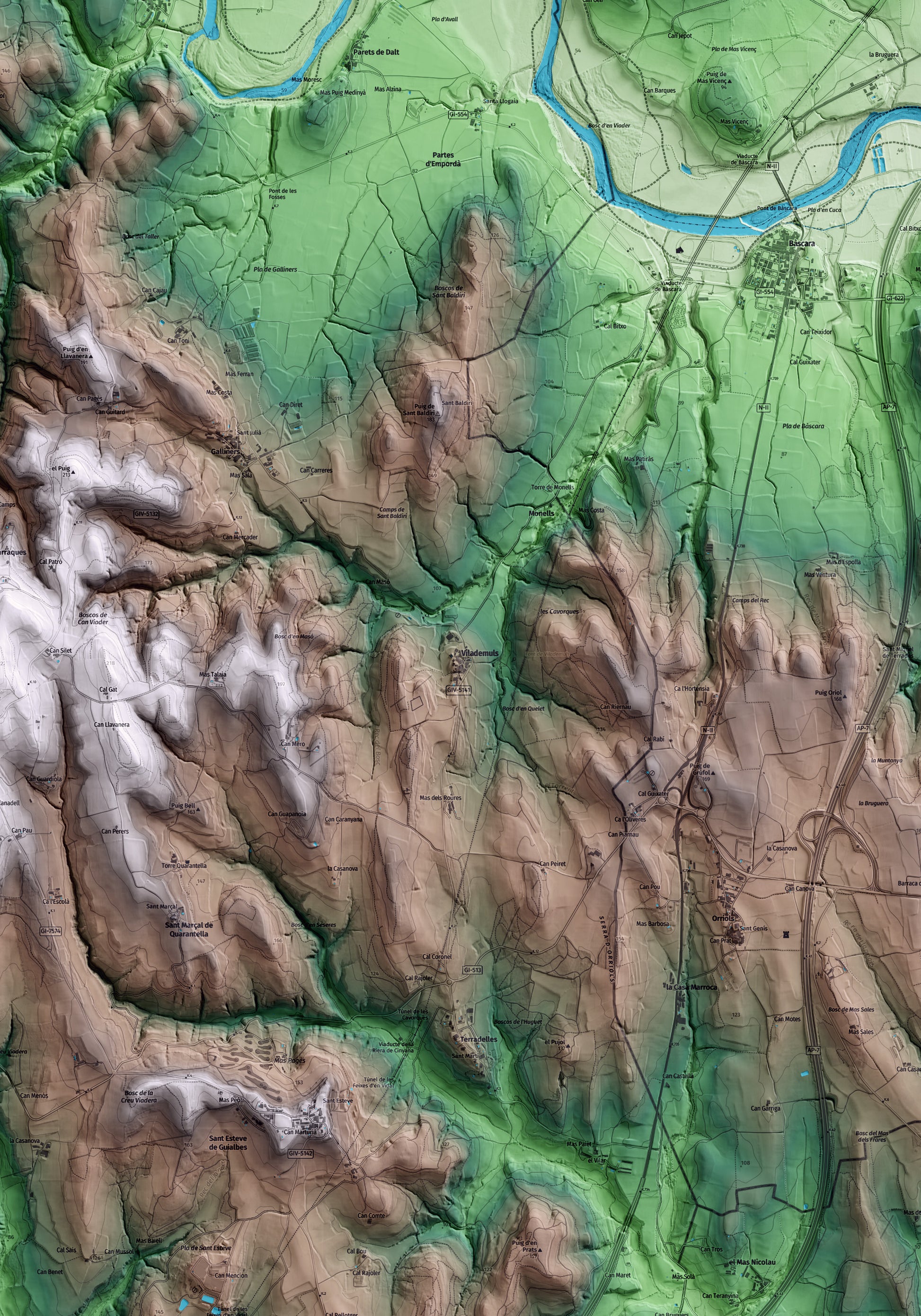 Mapa artístico del relieve de Vilademuls, en el Pla de l'Estany, con 15 km de entorno y base topográfica ICGC. Detalle de la zona central.