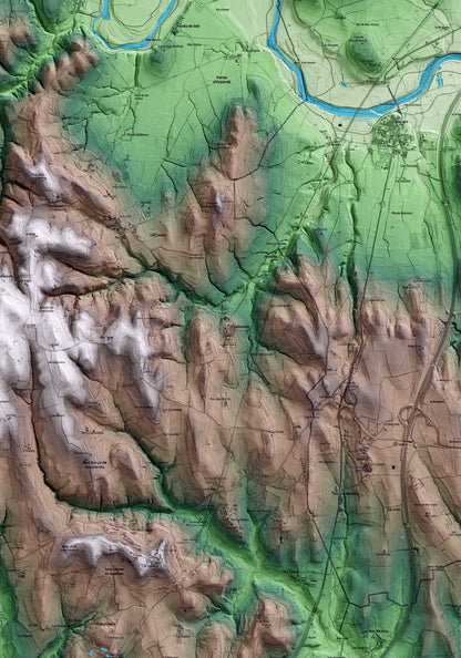 Mapa artístico del relieve de Vilademuls, en el Pla de l'Estany, con 15 km de entorno y base topográfica ICGC. Detalle de la zona central.