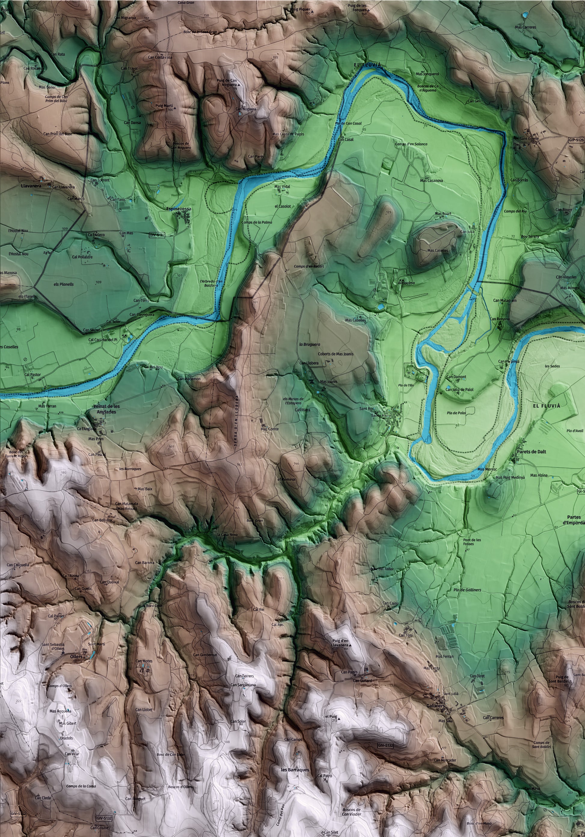 Mapa artístico del relieve de Vilademuls, en el Pla de l'Estany, con 15 km de entorno y base topográfica ICGC. Detalle de la zona superior izquierda.
