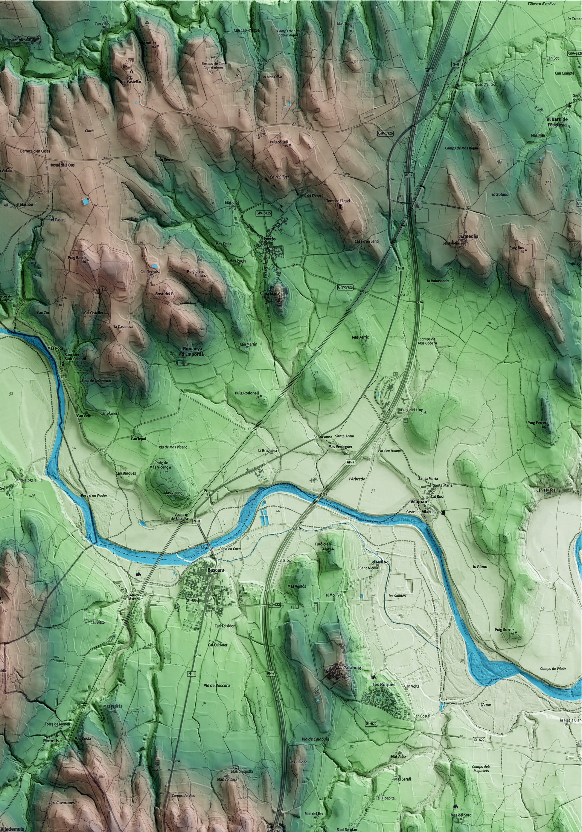 Mapa artístico del relieve de Vilademuls, en el Pla de l'Estany, con 15 km de entorno y base topográfica ICGC. Detalle de la zona superior derecha.