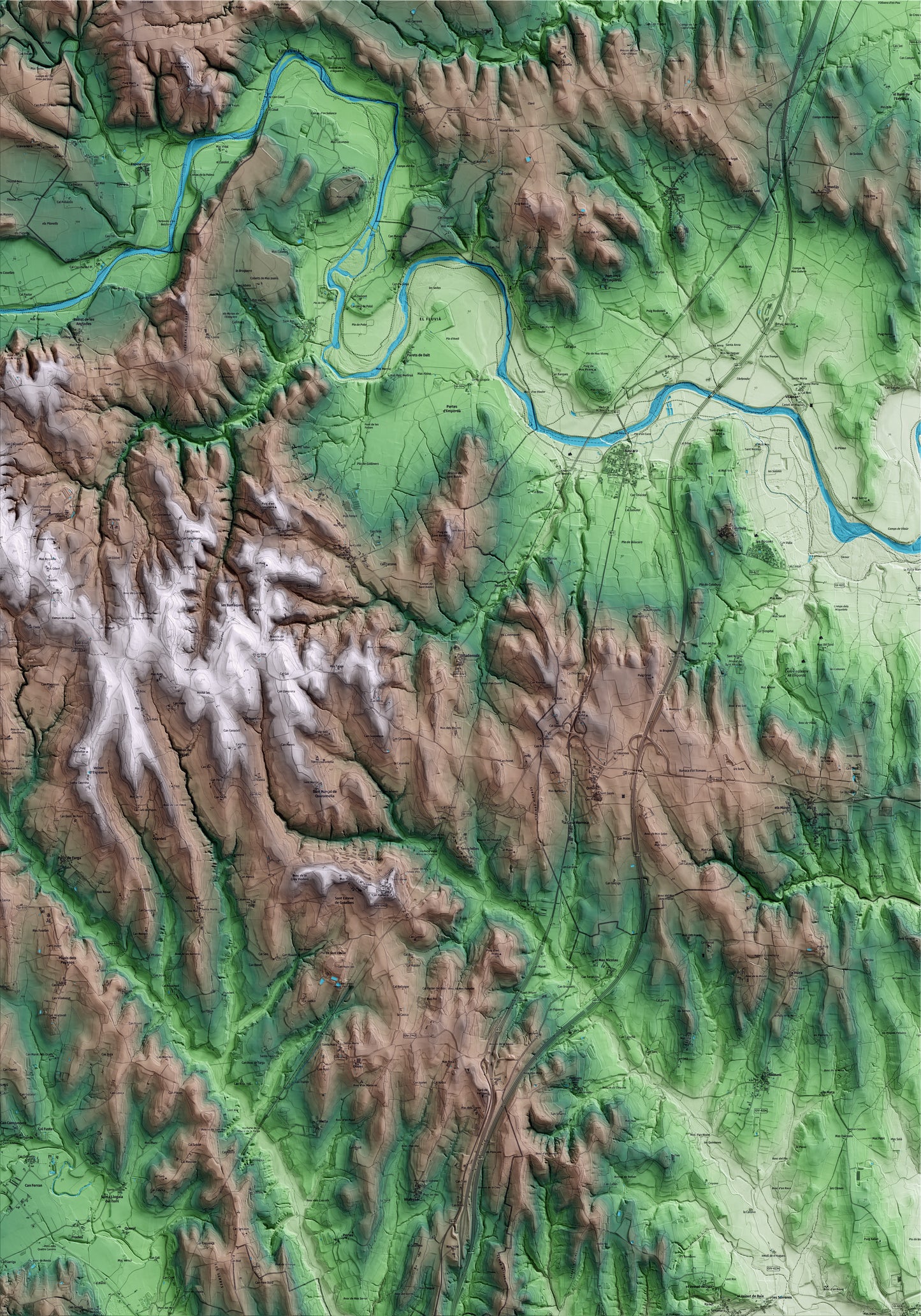 Mapa artístico del relieve de Vilademuls, en el Pla de l'Estany, con 15 km de entorno y base topográfica ICGC