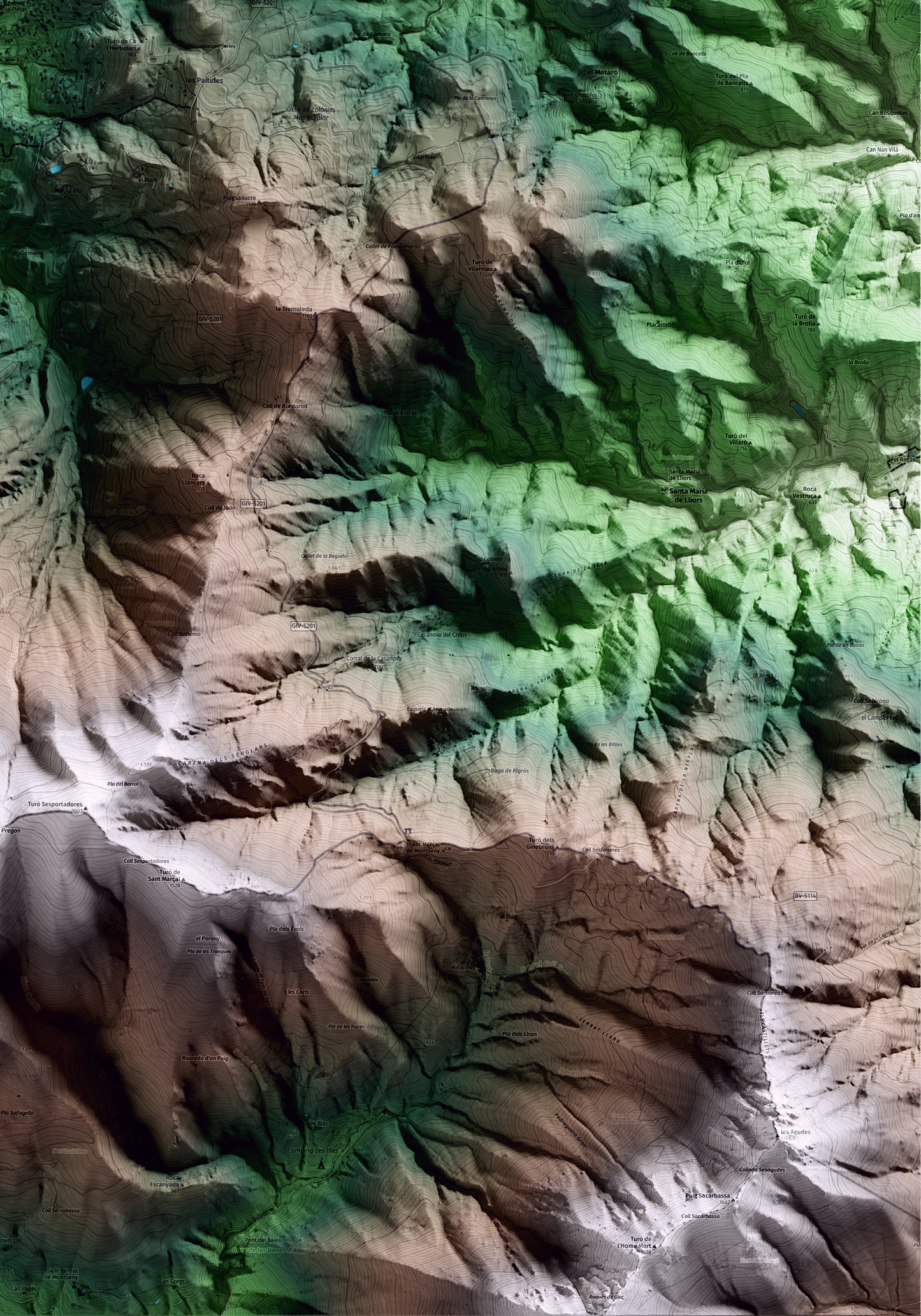 Mapa artístico del relieve de Viladrau, a Osona, con 15 km de entorno y base topográfica ICGC. Detalle de la zona inferior derecha.