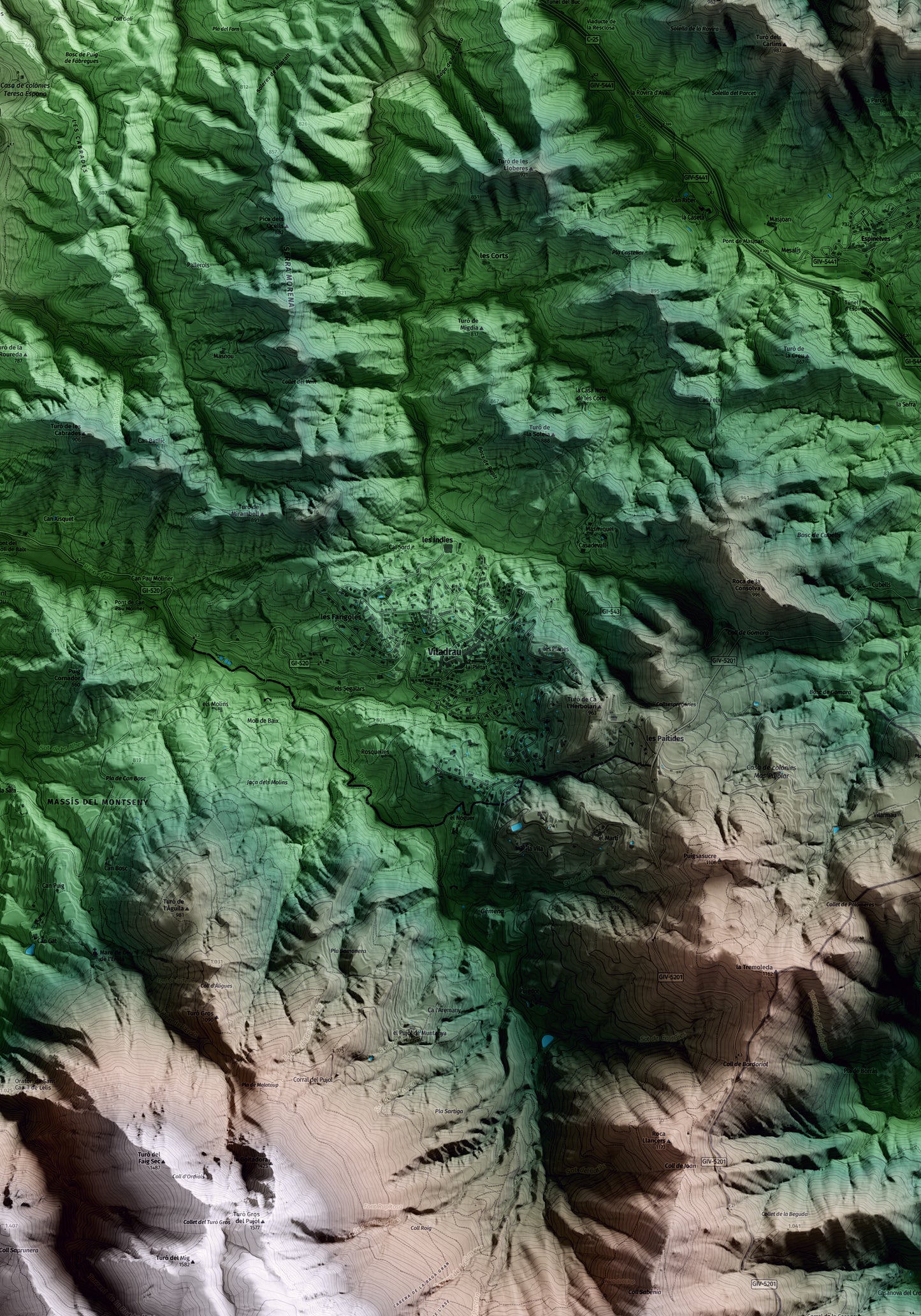 Mapa artístico del relieve de Viladrau, a Osona, con 15 km de entorno y base topográfica ICGC. Detalle de la zona central.