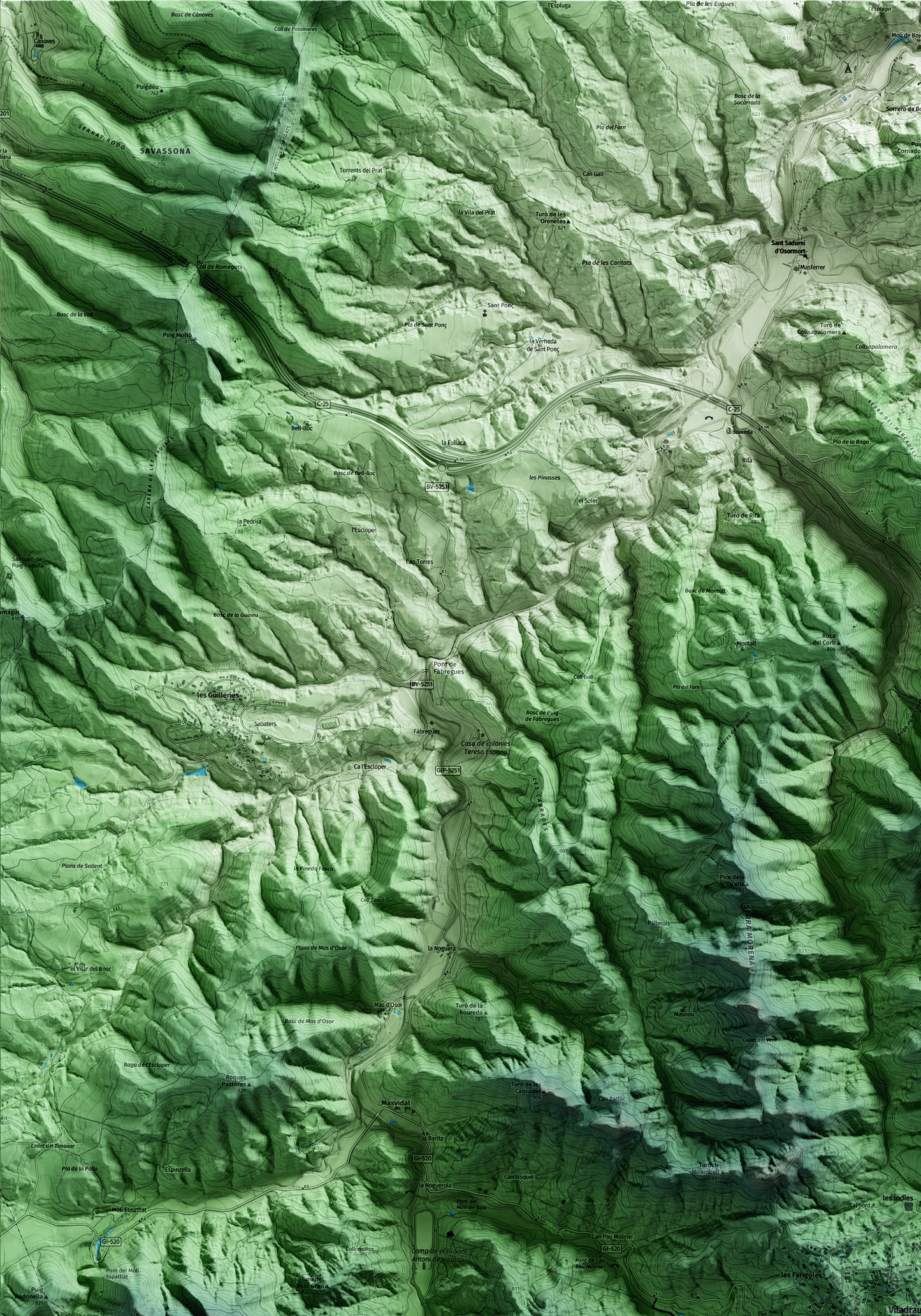 Mapa artístico del relieve de Viladrau, a Osona, con 15 km de entorno y base topográfica ICGC. Detalle de la zona superior izquierda.