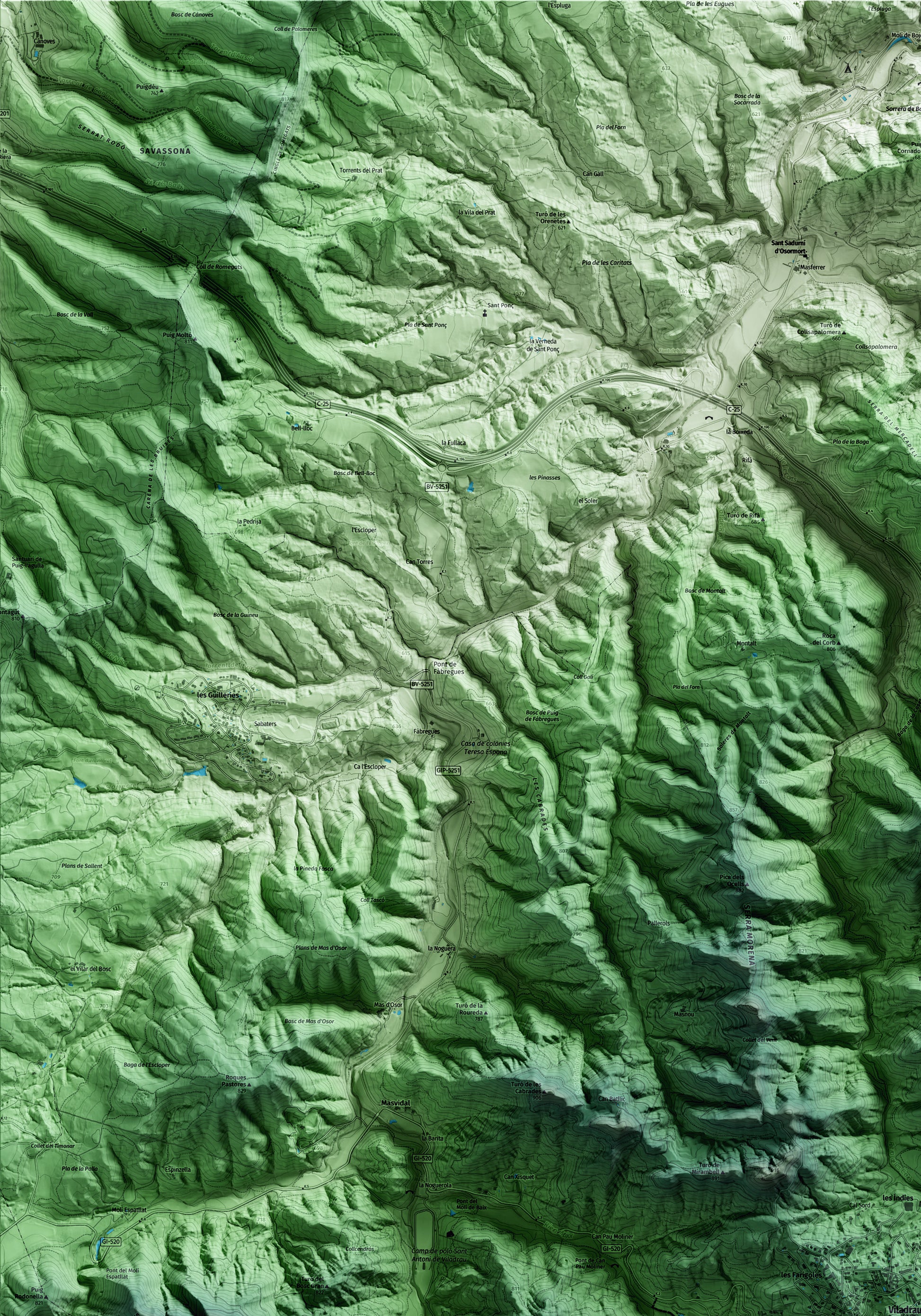 Mapa artístico del relieve de Viladrau, a Osona, con 15 km de entorno y base topográfica ICGC. Detalle de la zona superior izquierda.