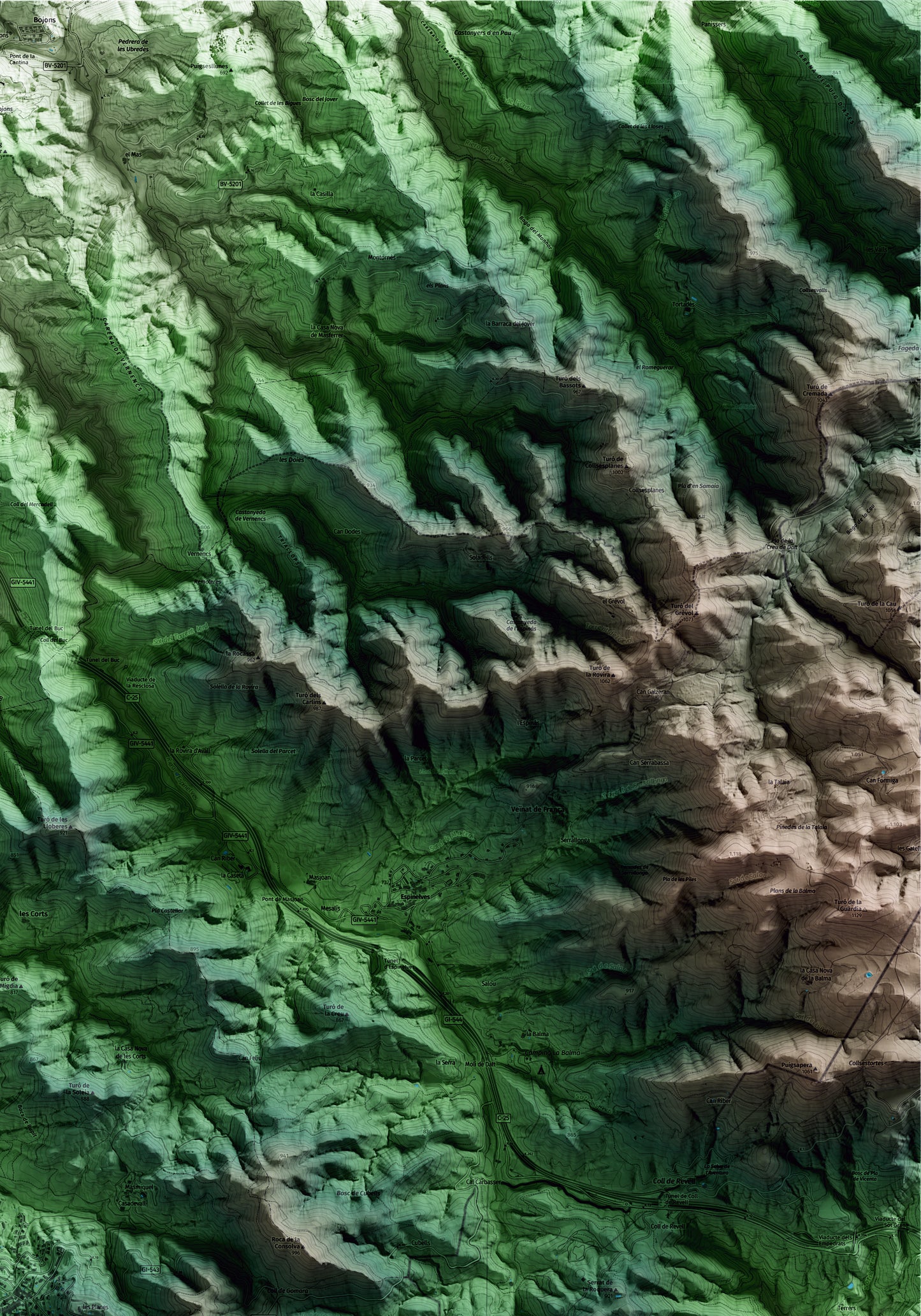 Mapa artístico del relieve de Viladrau, a Osona, con 15 km de entorno y base topográfica ICGC. Detalle de la zona superior derecha.