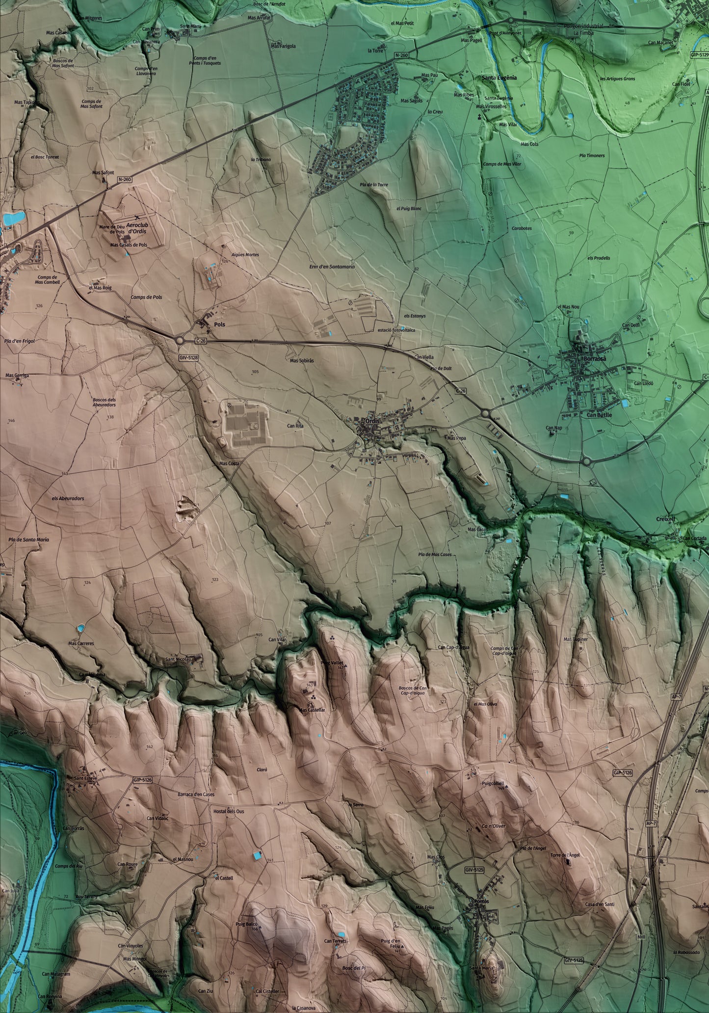 Mapa artístico del relieve de Vilafant, al Alt Empordà, con 15 km de entorno y base topográfica ICGC. Detalle de la zona inferior izquierda.