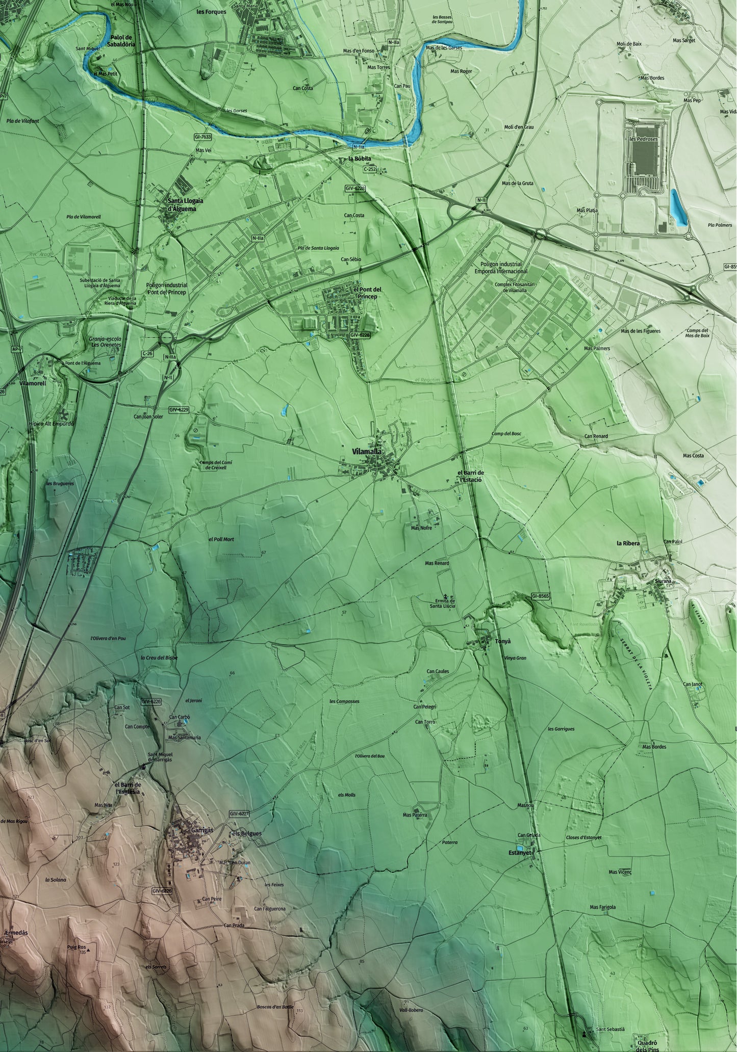 Mapa artístico del relieve de Vilafant, al Alt Empordà, con 15 km de entorno y base topográfica ICGC. Detalle de la zona inferior derecha.
