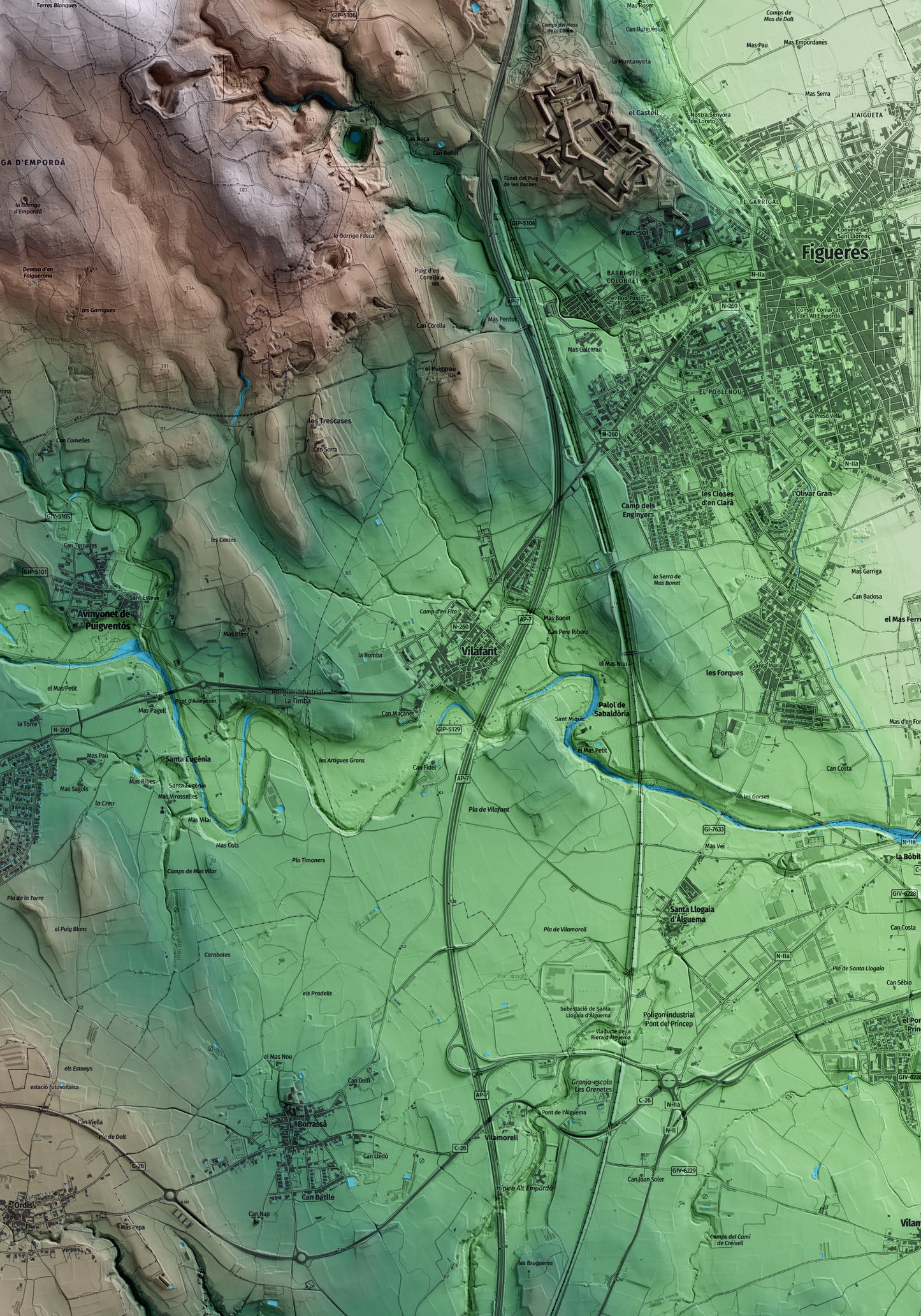 Mapa artístico del relieve de Vilafant, al Alt Empordà, con 15 km de entorno y base topográfica ICGC. Detalle de la zona central.
