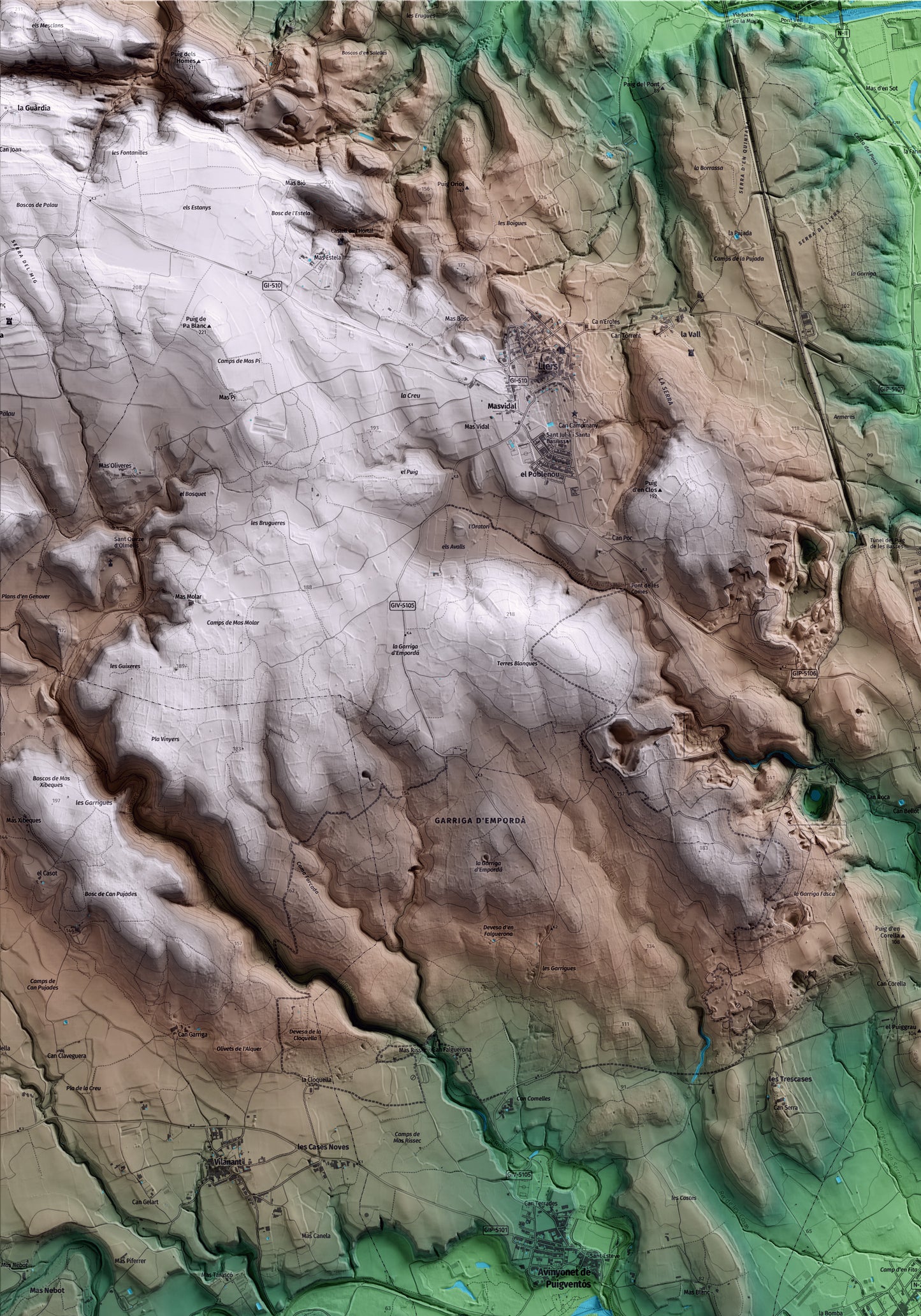 Mapa artístico del relieve de Vilafant, al Alt Empordà, con 15 km de entorno y base topográfica ICGC. Detalle de la zona superior izquierda.