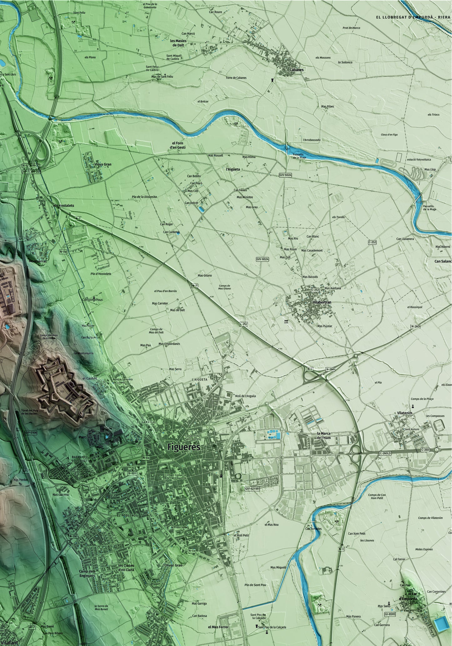 Mapa artístico del relieve de Vilafant, al Alt Empordà, con 15 km de entorno y base topográfica ICGC. Detalle de la zona superior derecha.